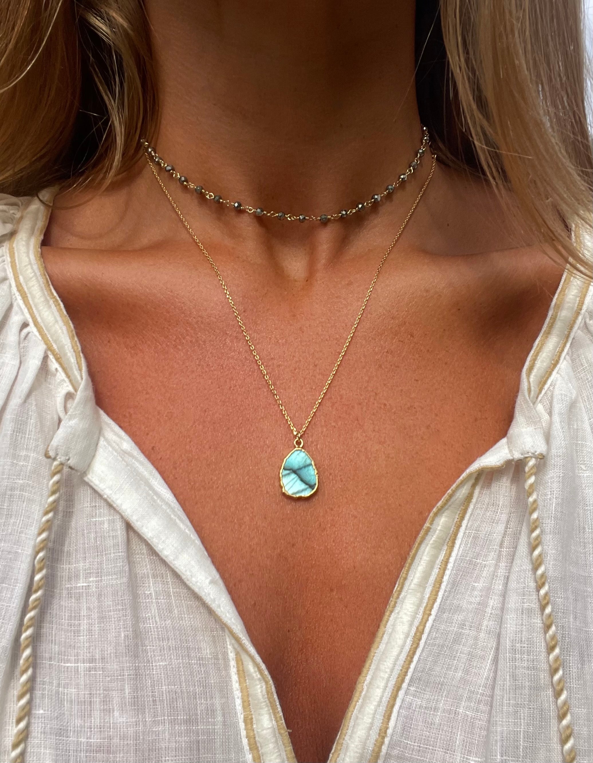 the gemma necklace by hanka in with labradorite and pyrite stones and 24k gold pated wrap around necklace or long necklace