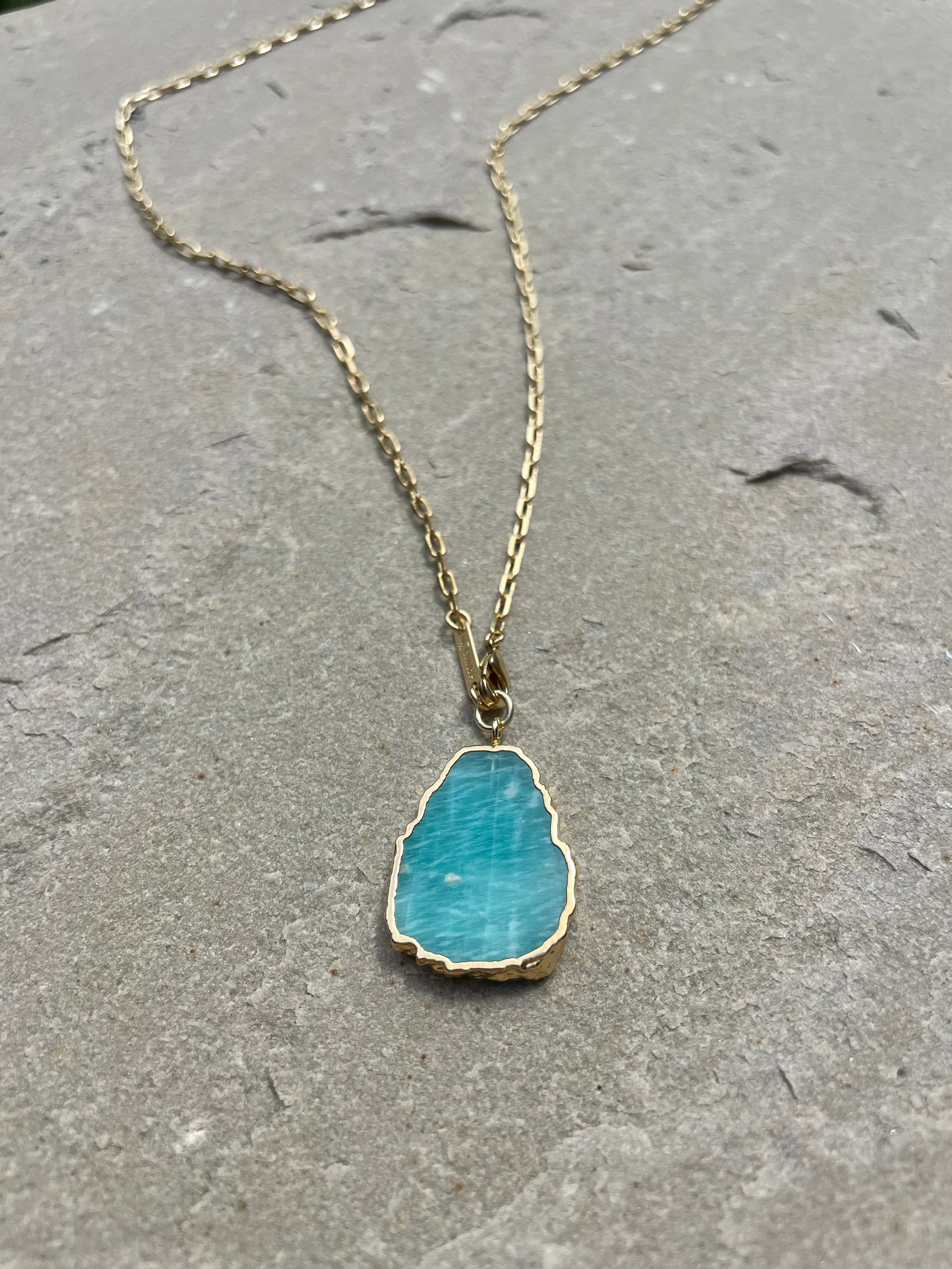 amazonite long gold link chain necklace