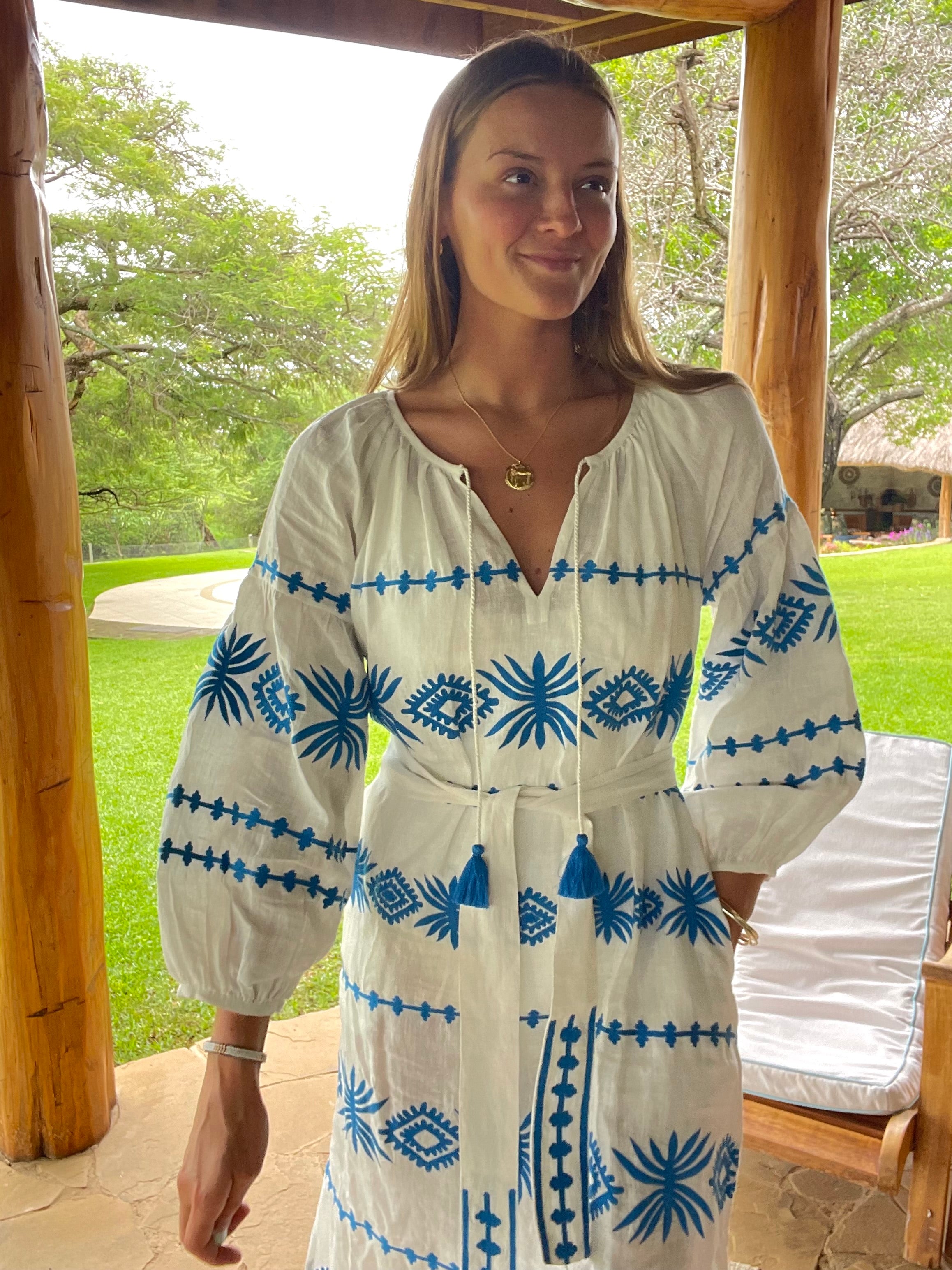 stella veronica dress from benaras by citrus fashion blue and white linen kaftan