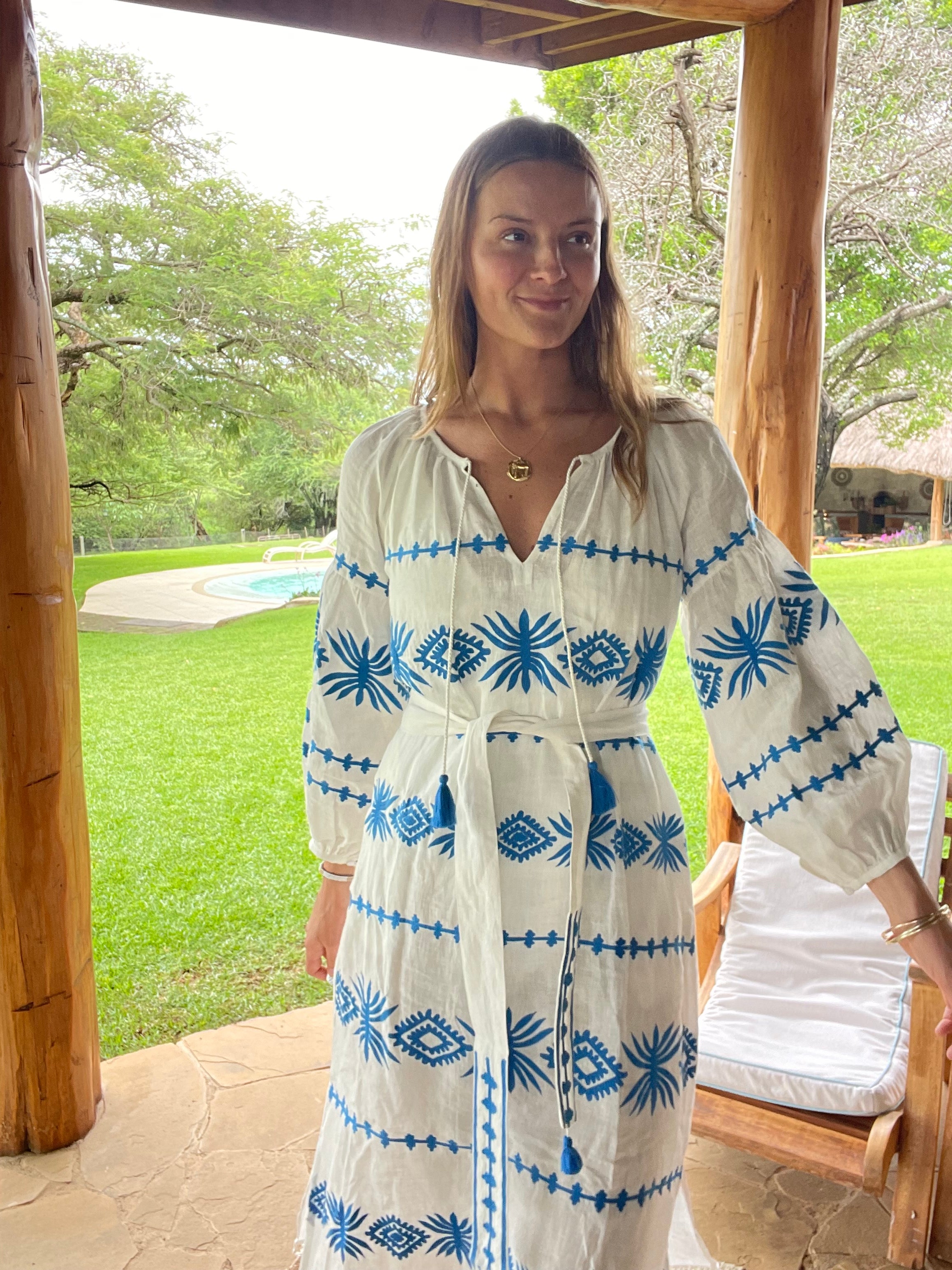 stella veronica dress from benaras by citrus fashion blue and white linen kaftan