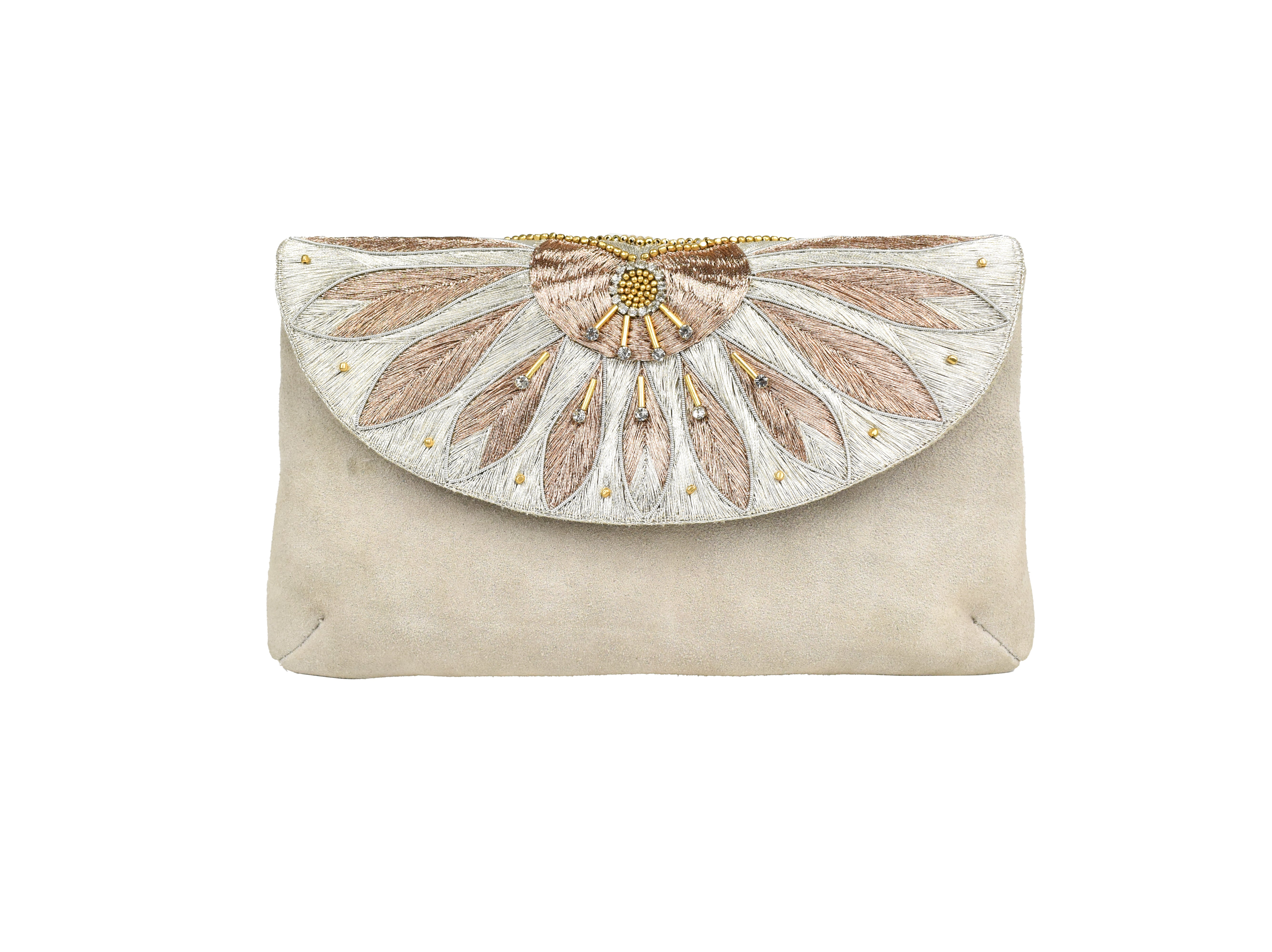 apolonia bag b nahua in pearl suede clutch or cross body bag with hand embroidered details