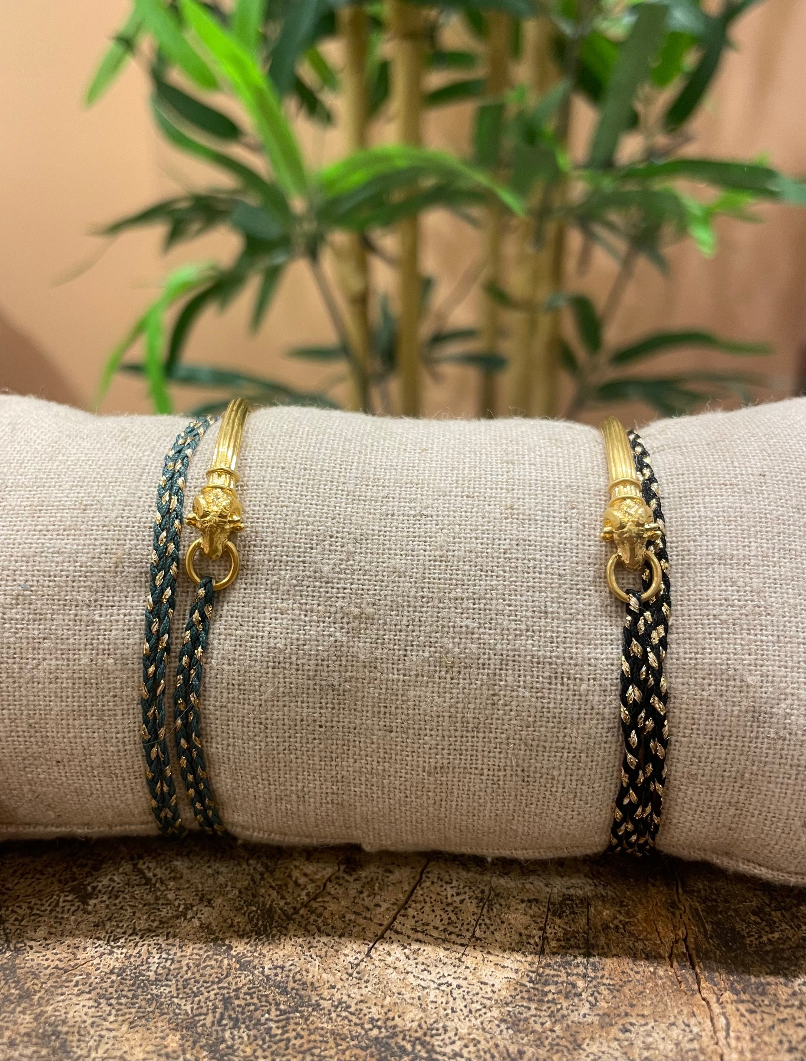 wrap around khkai green bracelet with gold plated cuff rams head louise hendricks jewellery