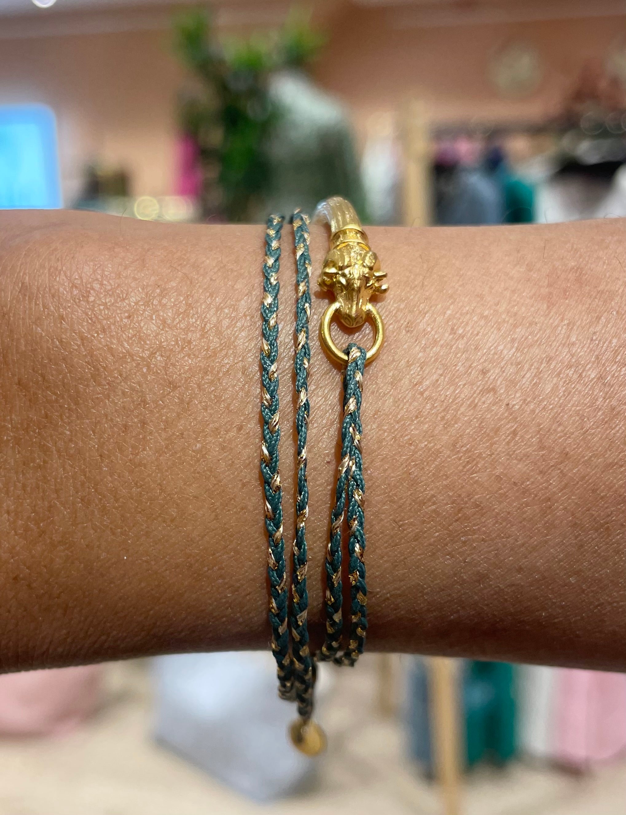 wrap around khkai green bracelet with gold plated cuff rams head louise hendricks jewellery