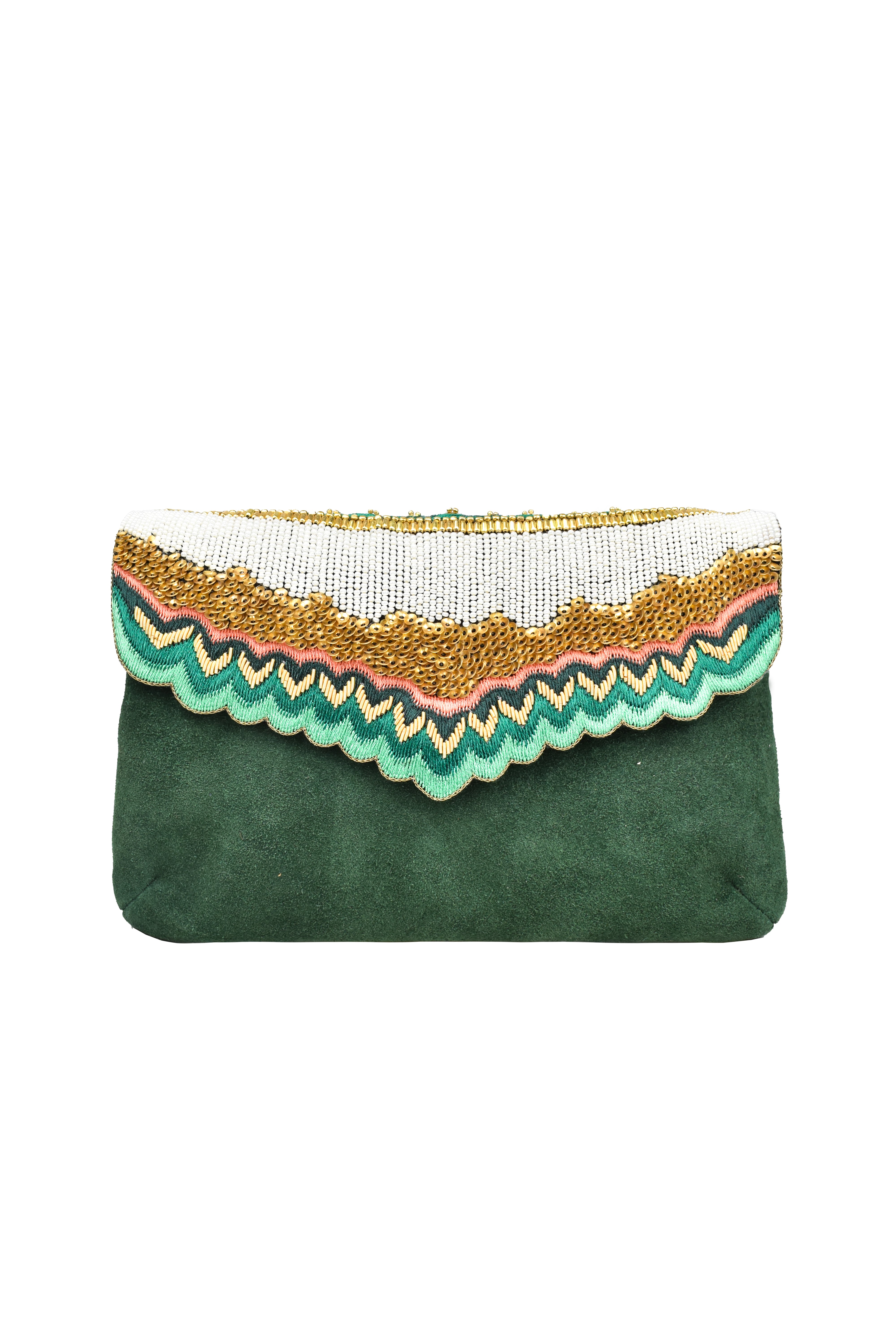 mahes bag in prairie green nahua official hand embrodiered suede clutch or cross body bag