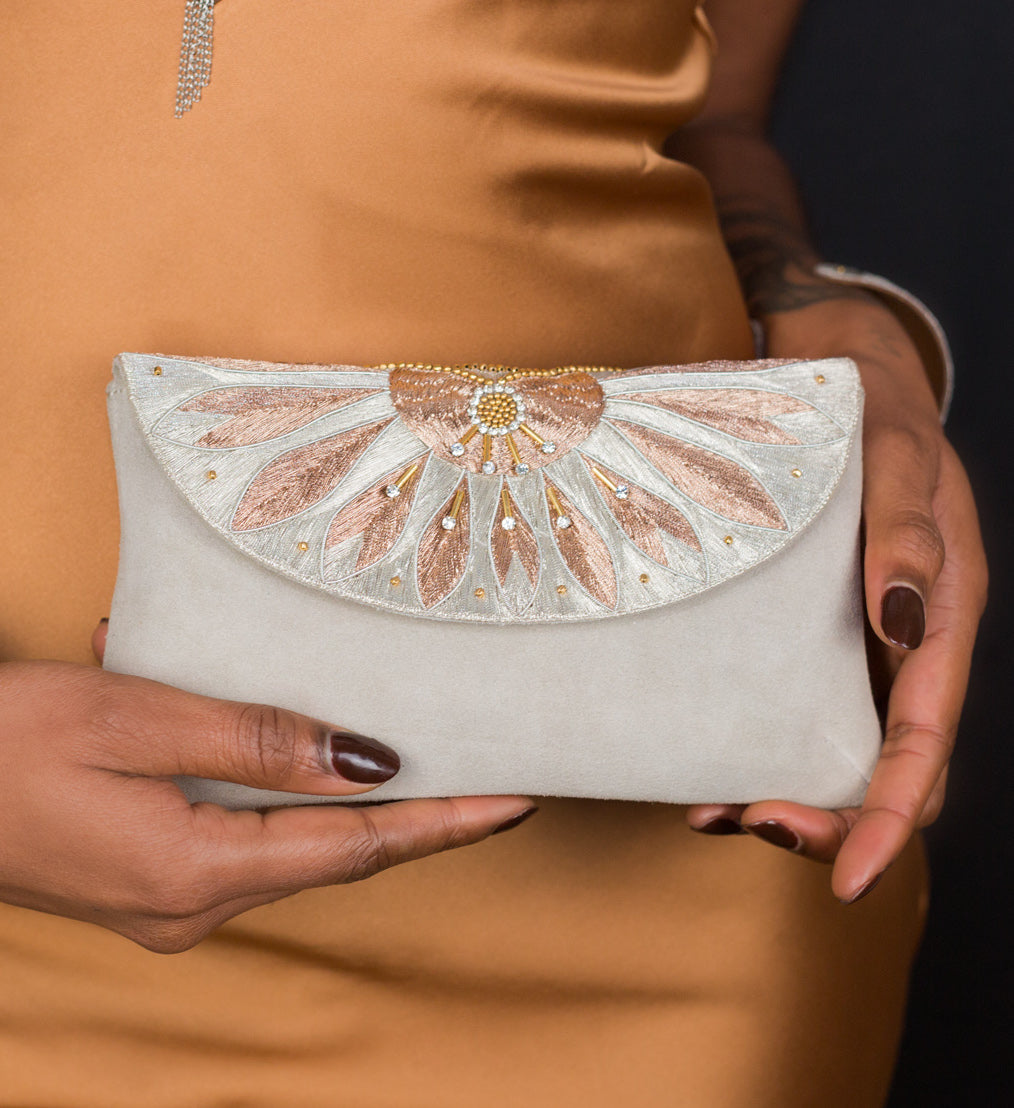apolonia bag b nahua in pearl suede clutch or cross body bag with hand embroidered details
