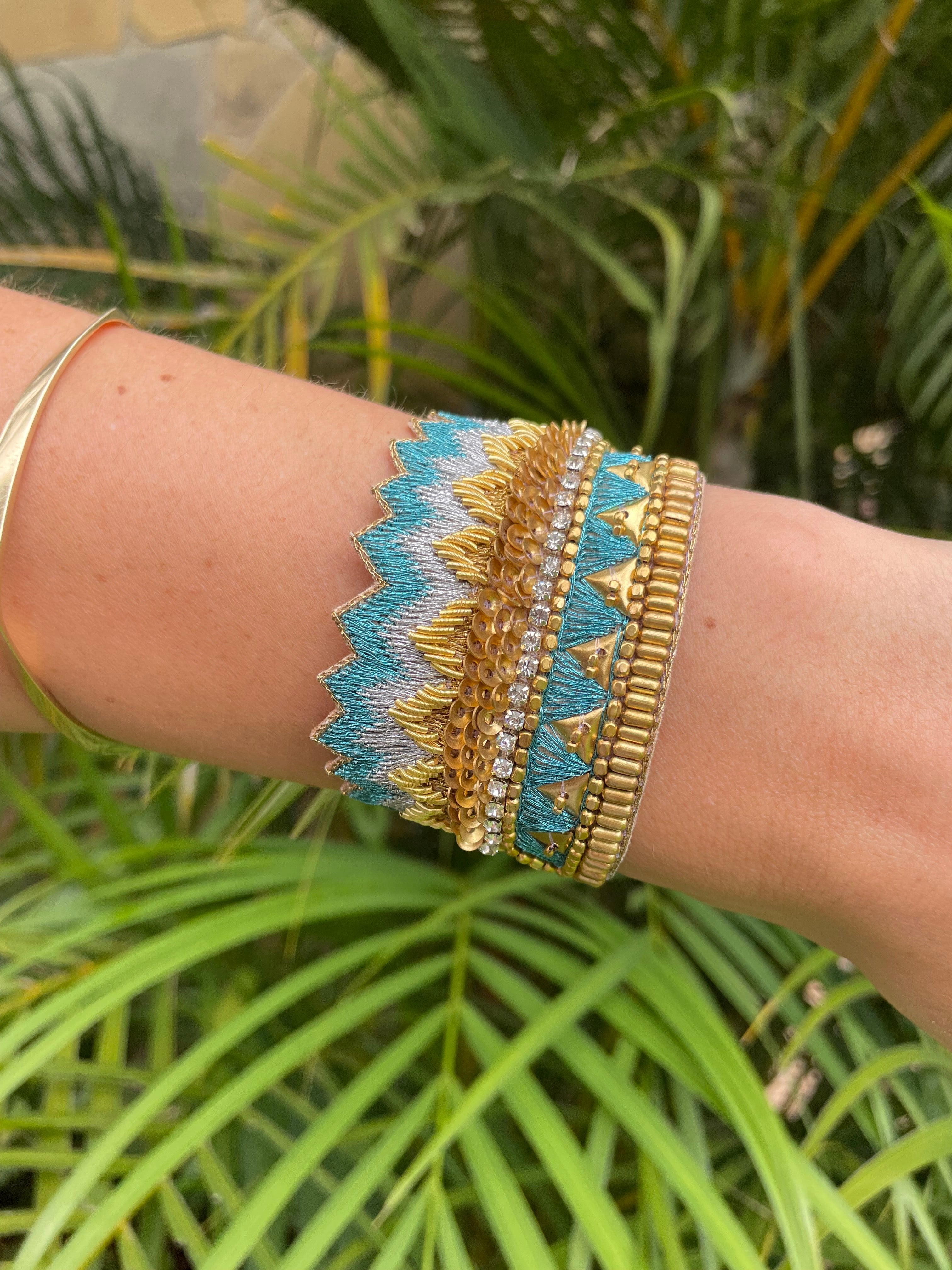 nahua officail maheswari bracelet in aquamarine hand embroidered cuff bracelet