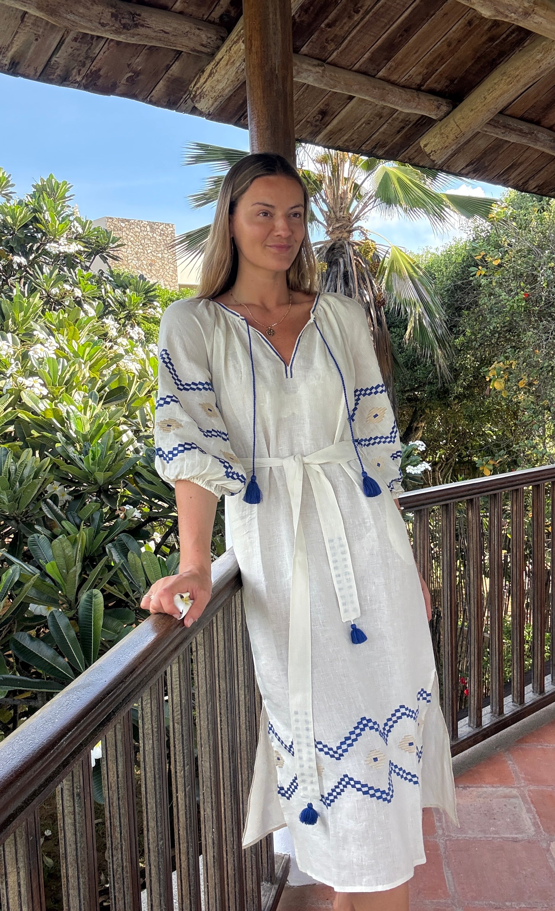 The Aztec Rio Veronica Dress ↠ Ecru & Royal Blue