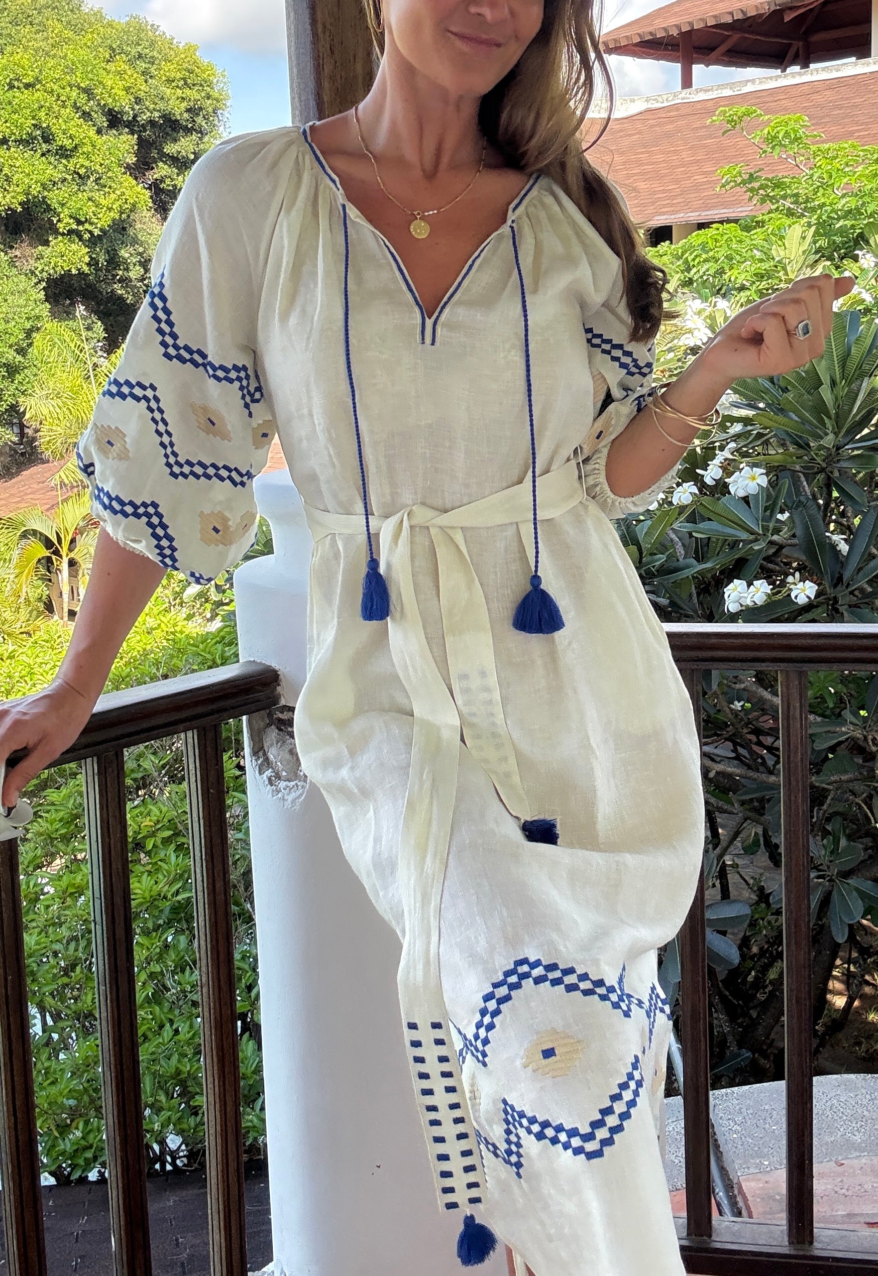 The Aztec Rio Veronica Dress ↠ Ecru & Royal Blue