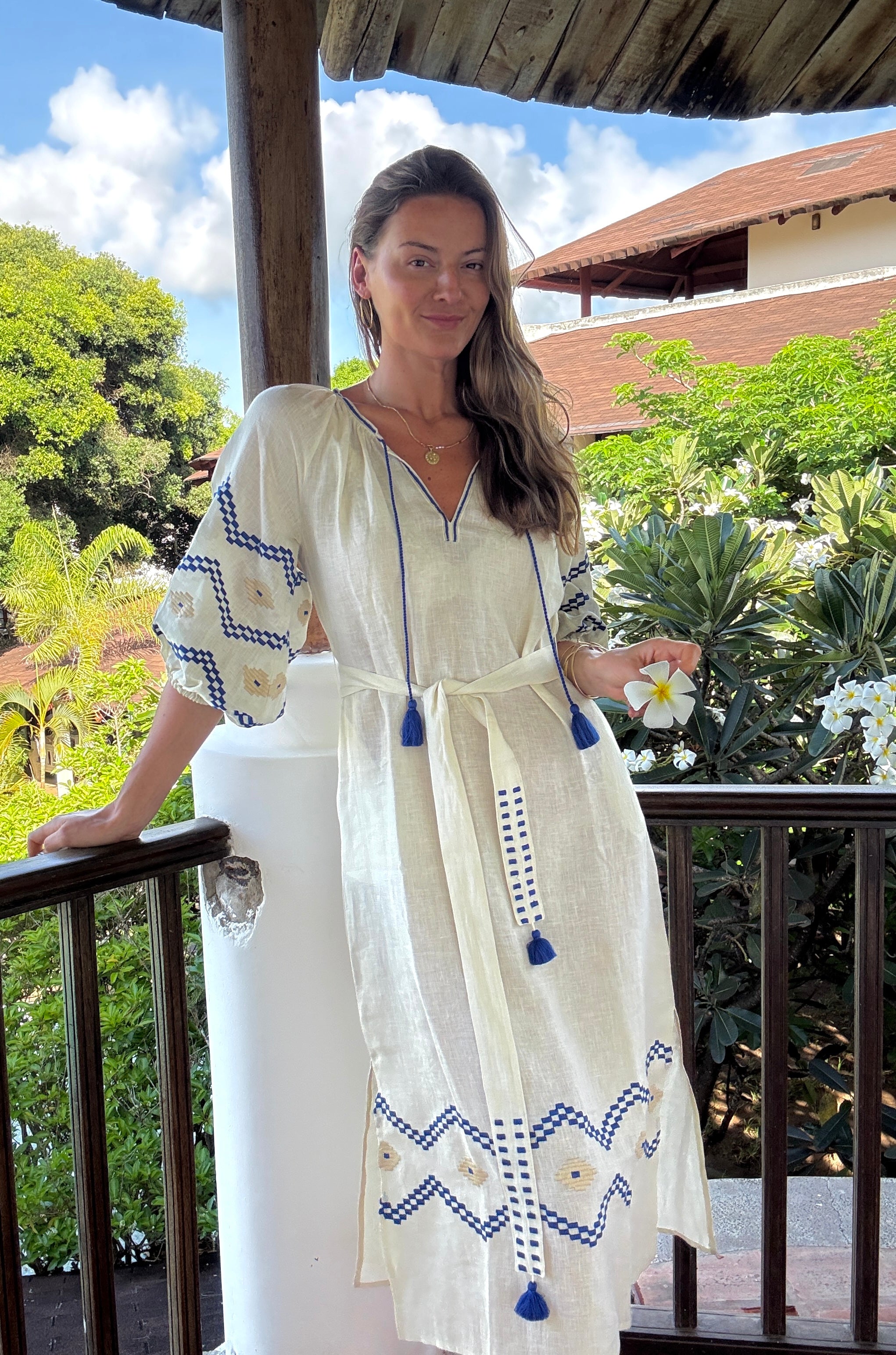 The Aztec Rio Veronica Dress ↠ Ecru & Royal Blue