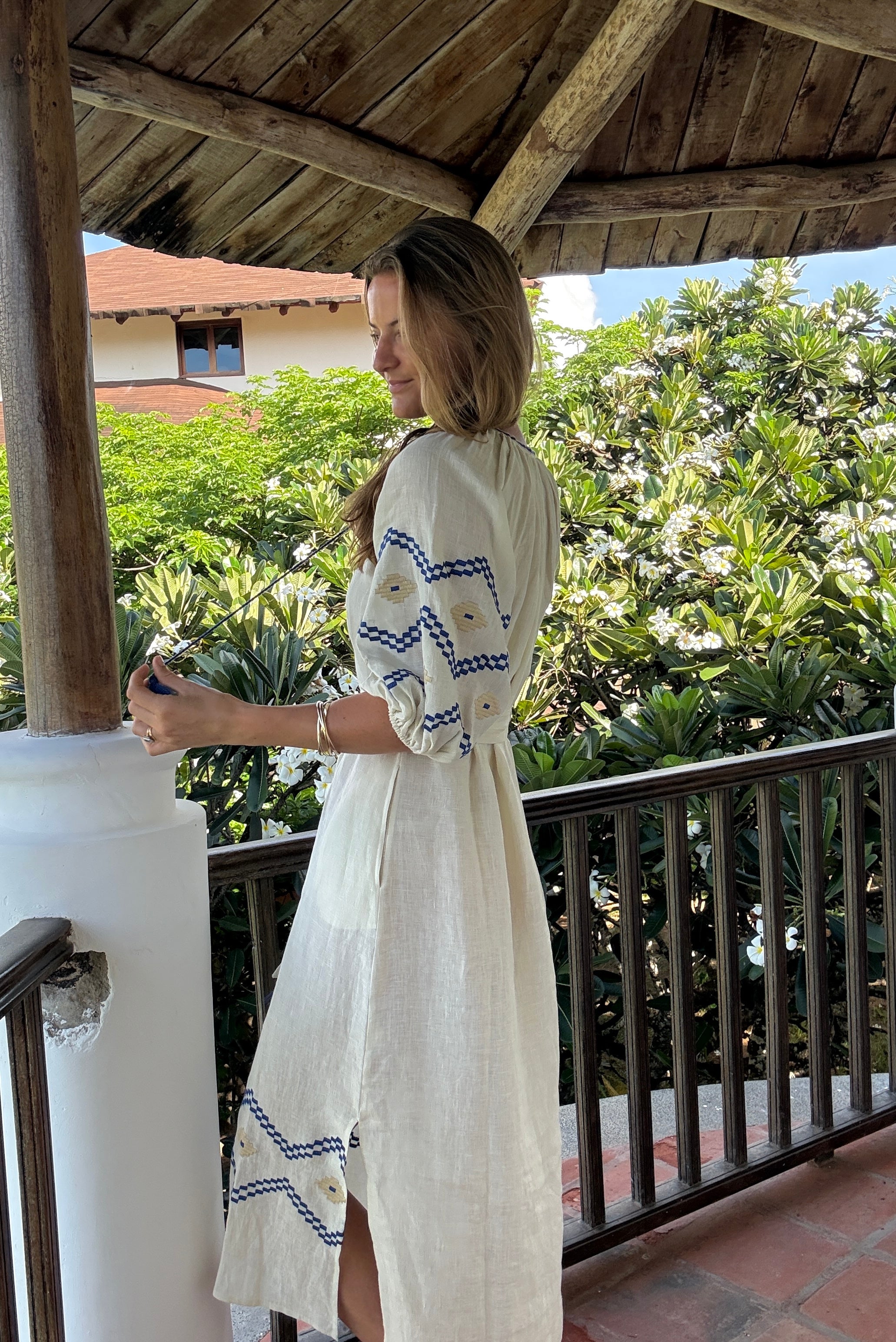 The Aztec Rio Veronica Dress ↠ Ecru & Royal Blue