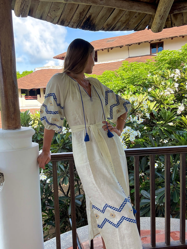 The Aztec Rio Veronica Dress ↠ Ecru &amp; Royal Blue