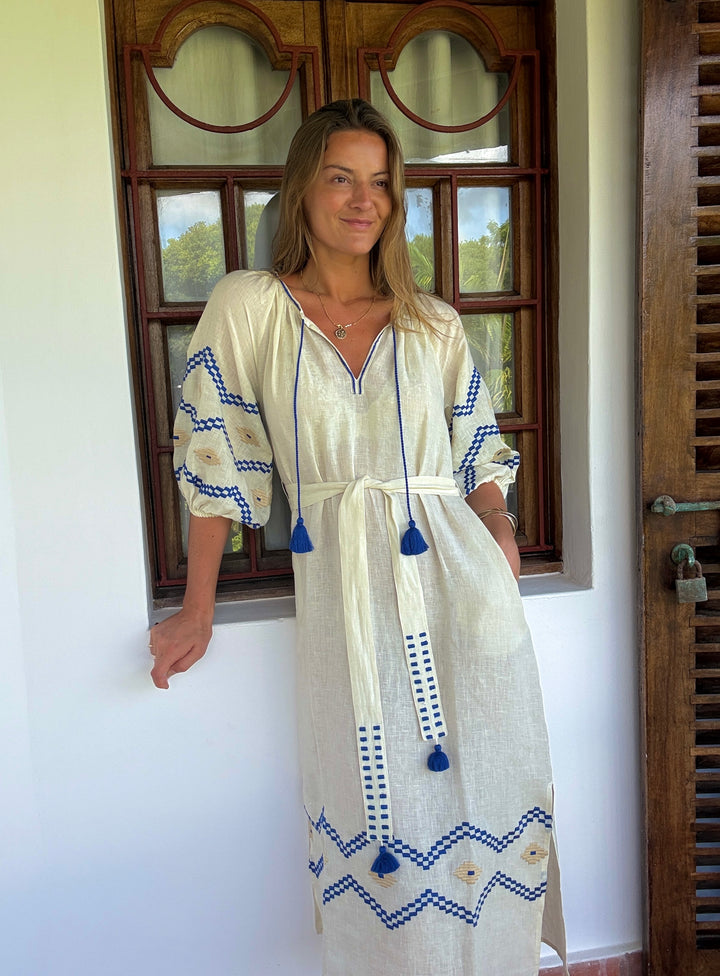The Aztec Rio Veronica Dress ↠ Ecru &amp; Royal Blue