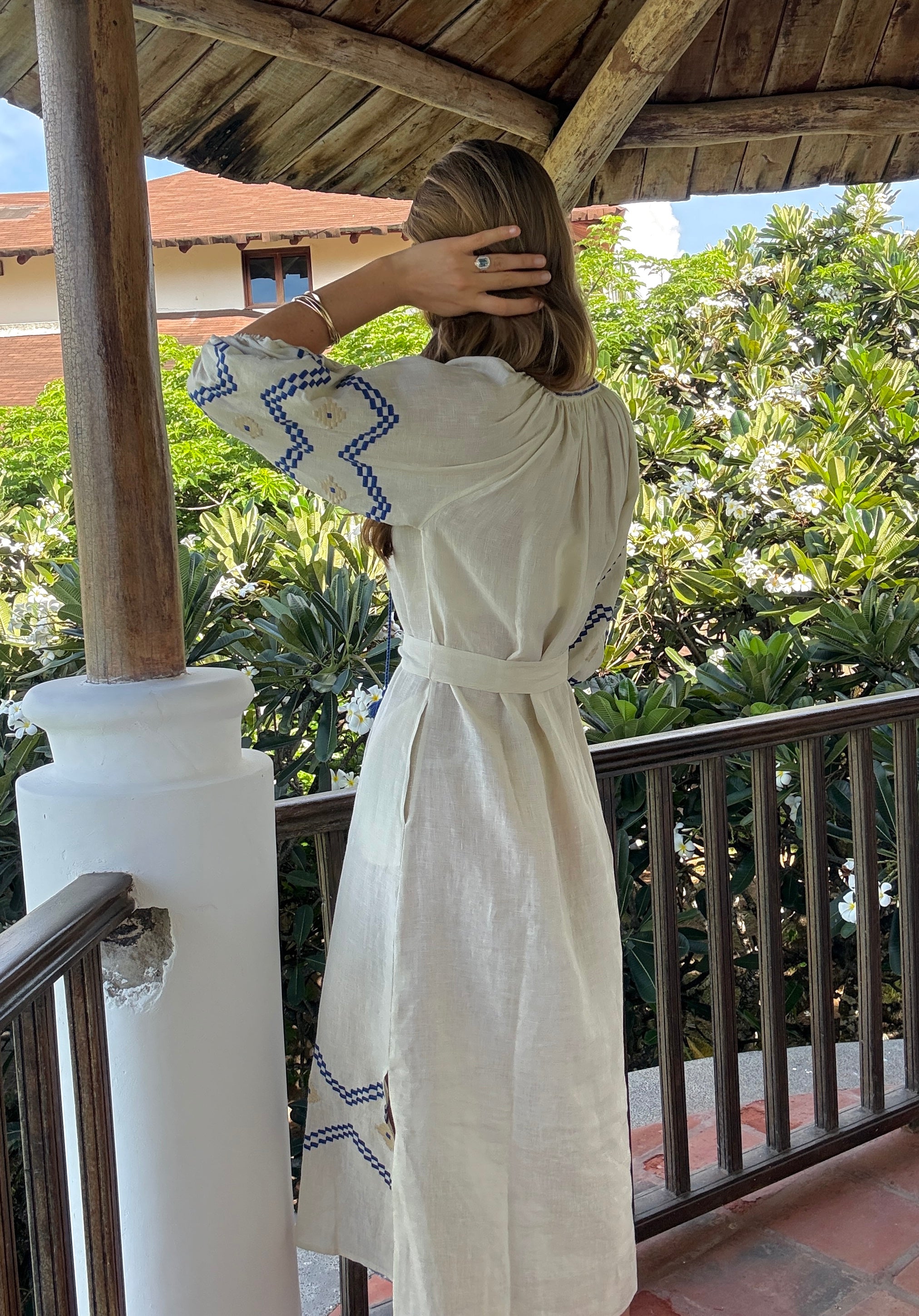 The Aztec Rio Veronica Dress ↠ Ecru & Royal Blue