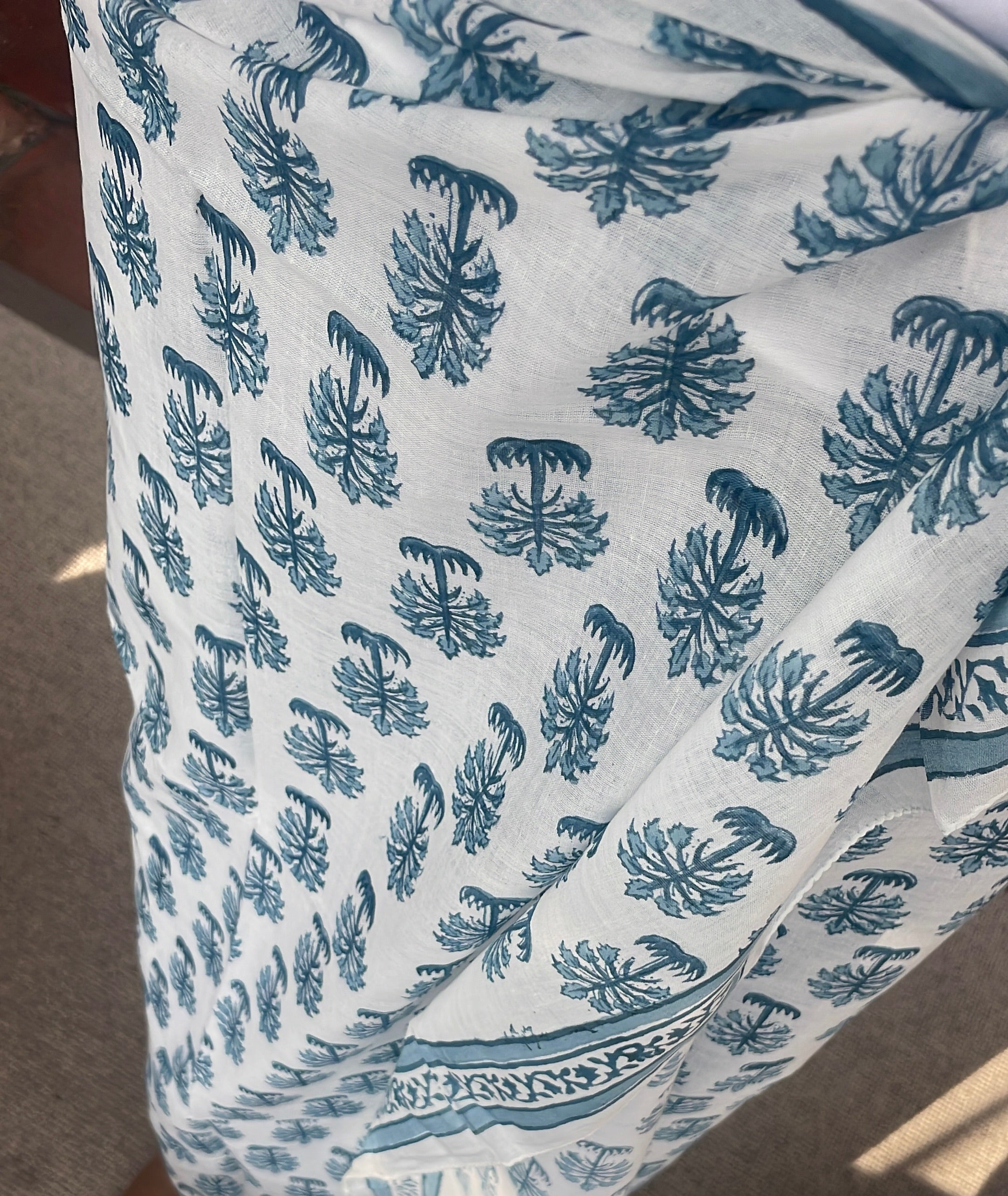 blockprint blue and white sarong palm trees