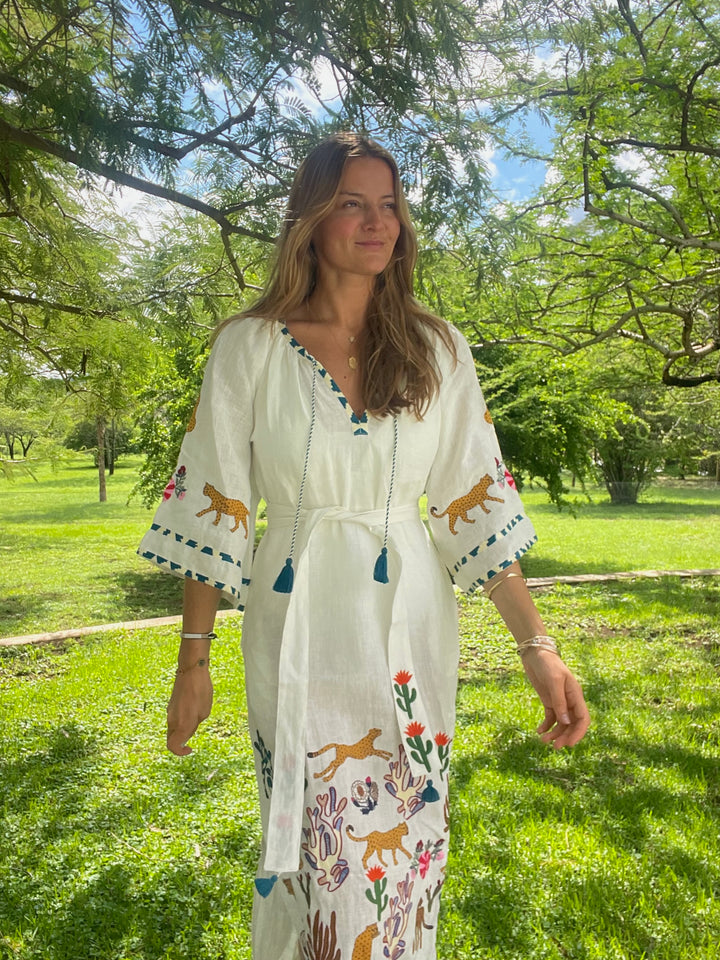 benaras by citrus fashion cannes veronica dress hand embroidered linen dress with jungle pattern