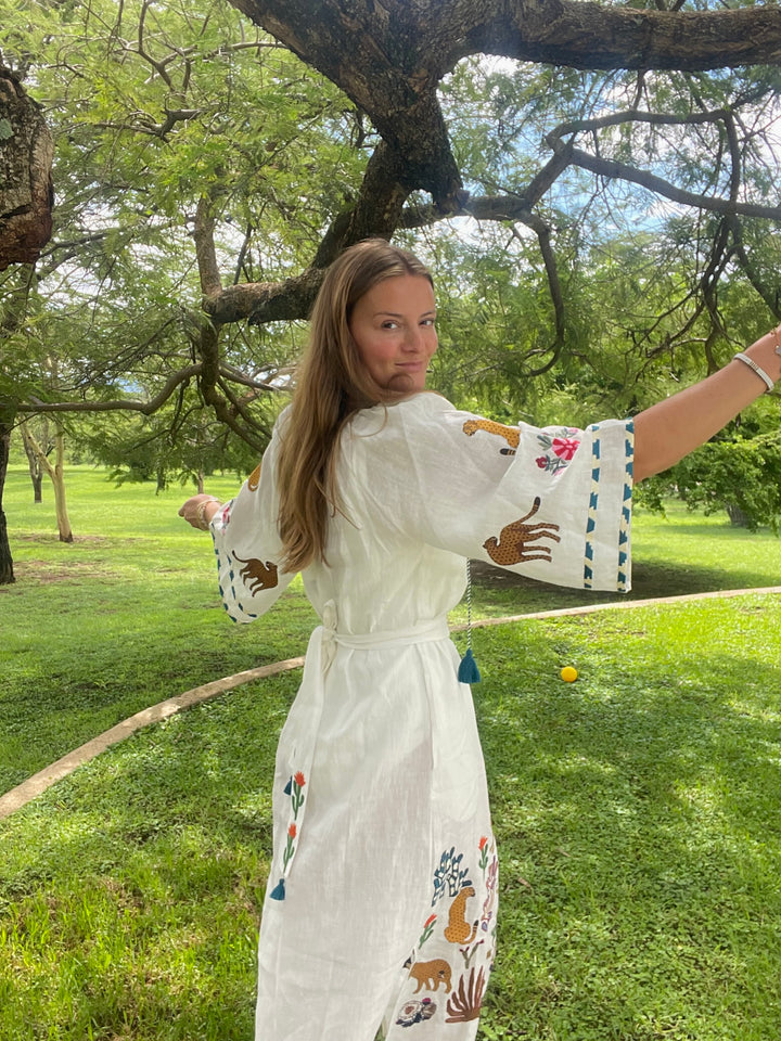 benaras by citrus fashion cannes veronica dress hand embroidered linen dress with jungle pattern