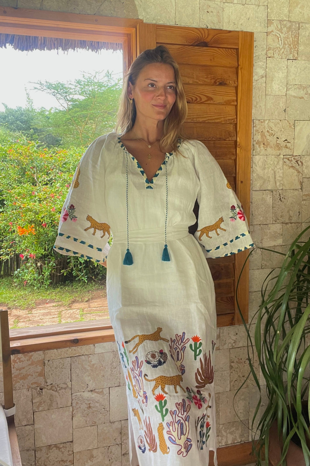 benaras by citrus fashion cannes veronica dress hand embroidered linen dress with jungle pattern