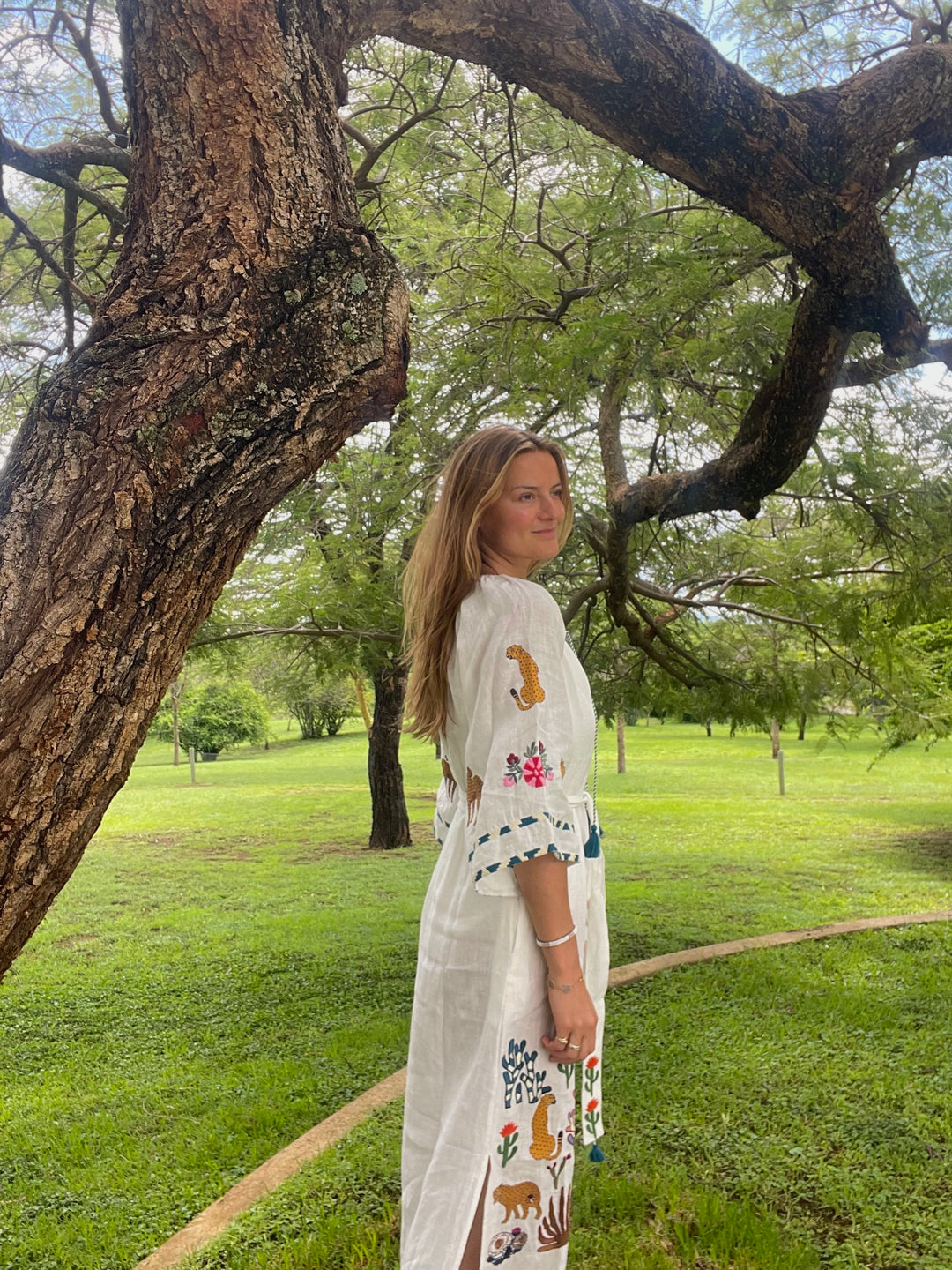 benaras by citrus fashion cannes veronica dress hand embroidered linen dress with jungle pattern
