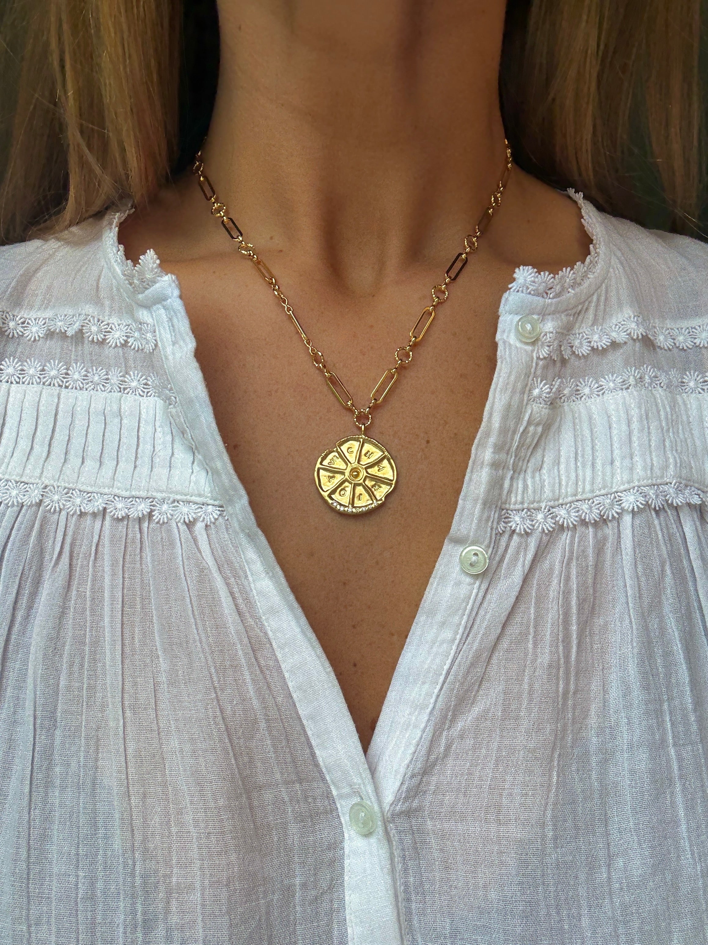 cesar pendant necklace louise hendricks gold plated linked chain necklace with big medallion pendant