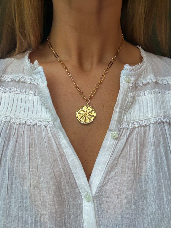 cesar pendant necklace louise hendricks gold plated linked chain necklace with big medallion pendant