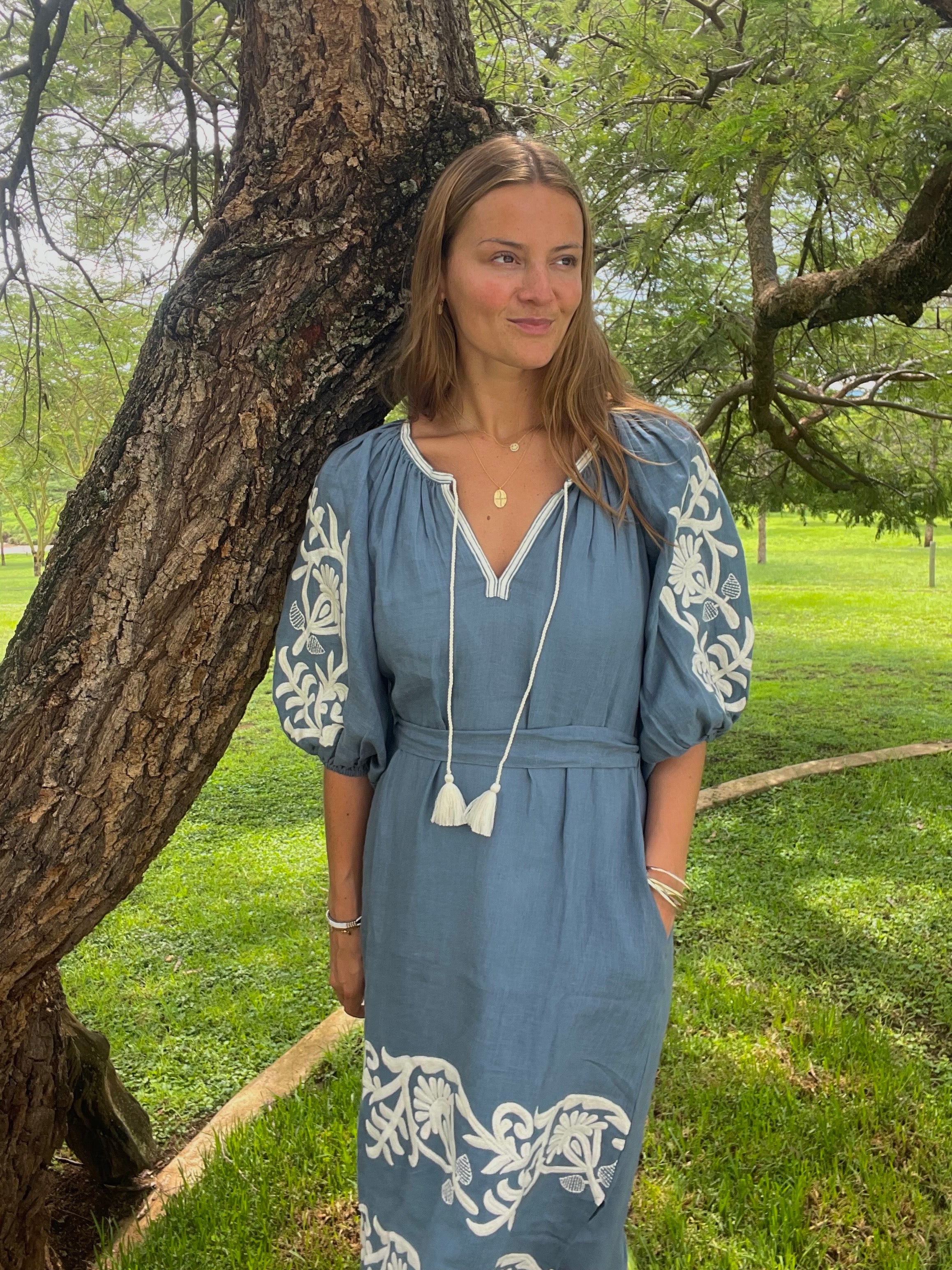 jardin ouff dress by benarus by citrus fashion french blue linen hand embroidered kaftan or dress