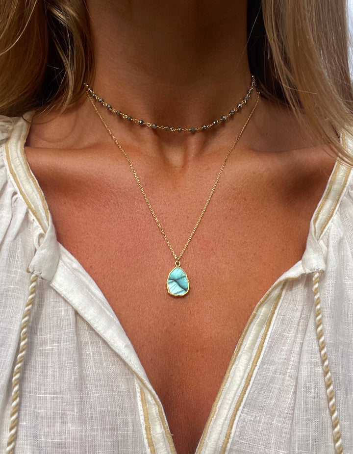 the gemma necklace by hanka in with labradorite and pyrite stones and 24k gold pated wrap around necklace or long necklace