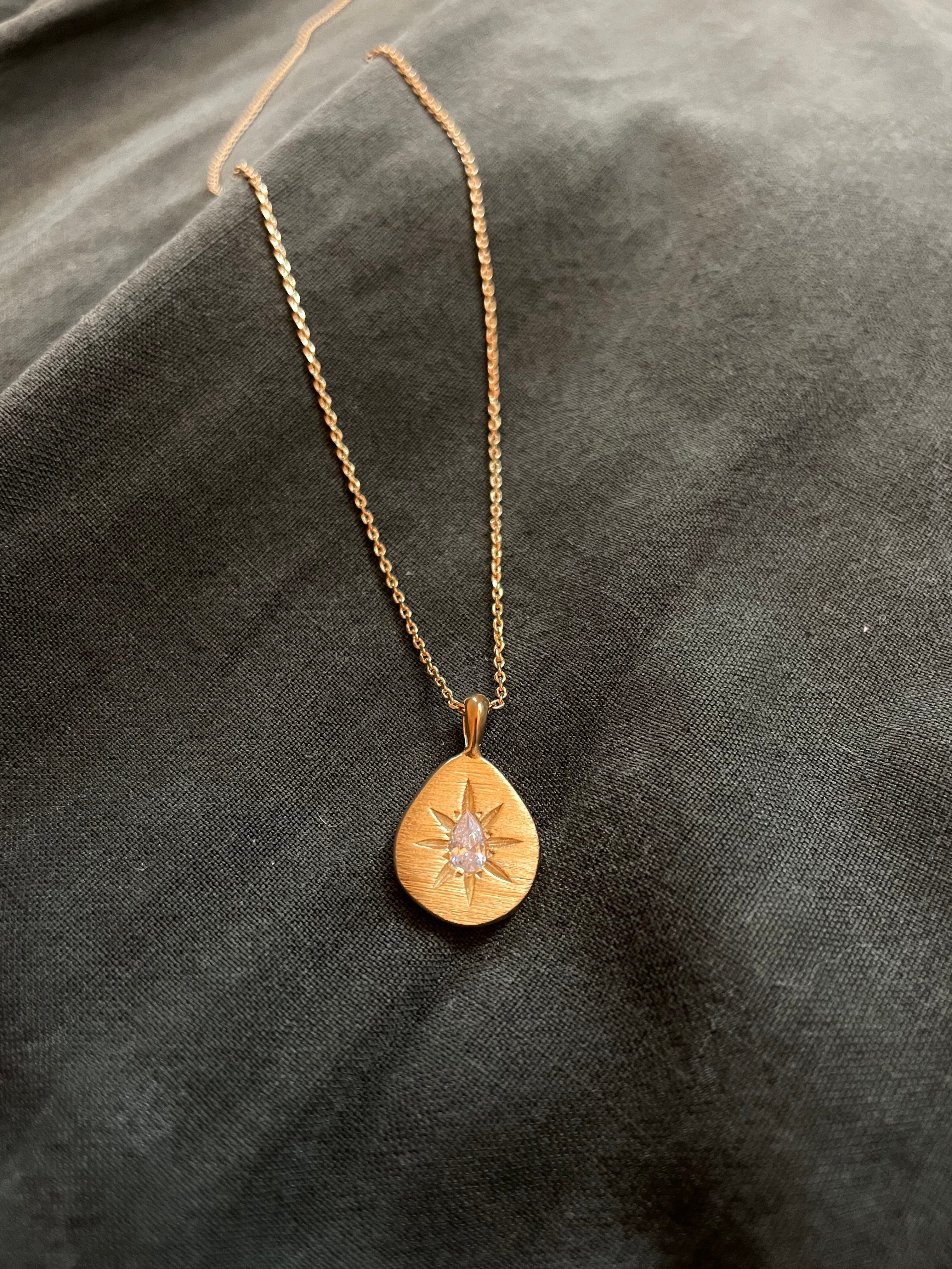 sun medallion tear drop necklace gold plated by hanka in