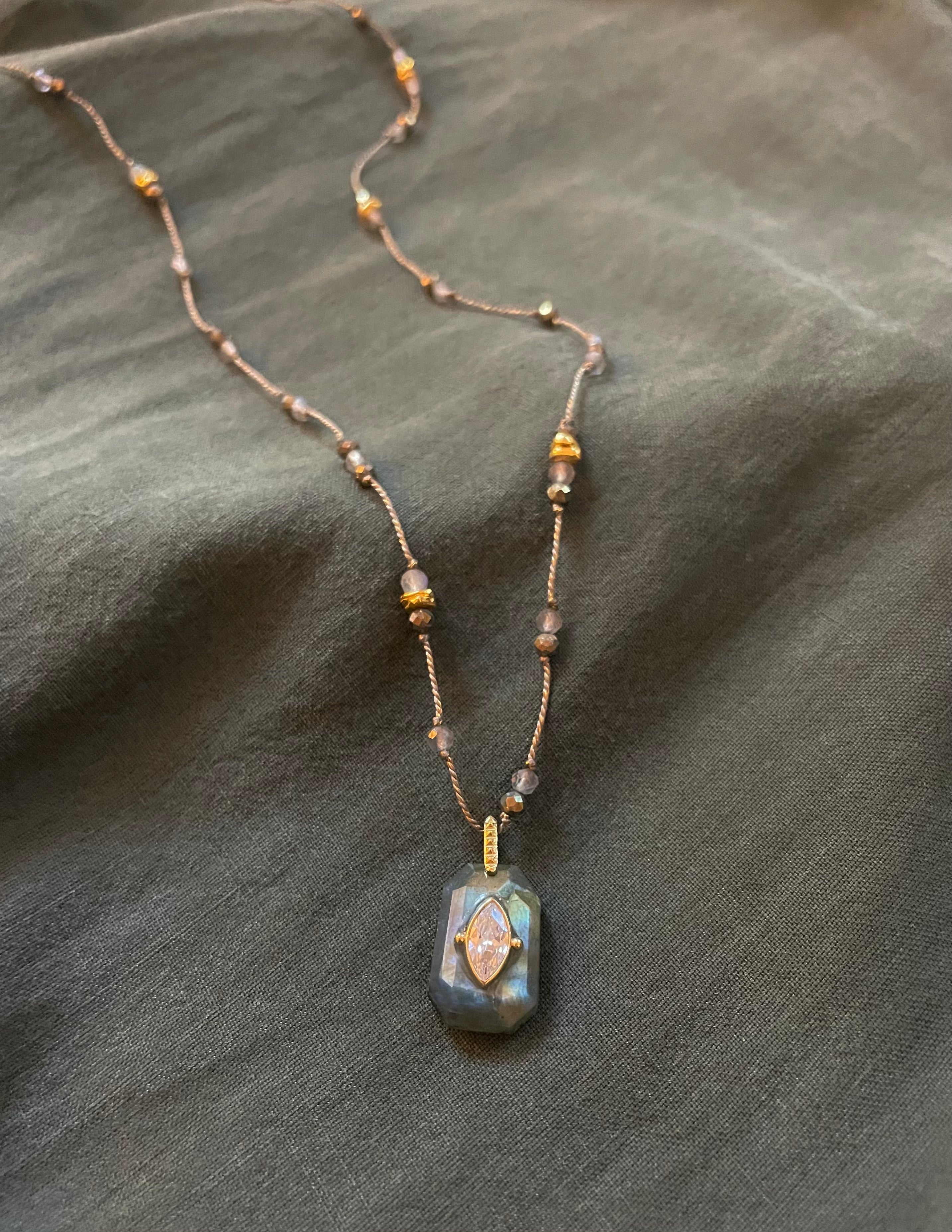 layering necklace with labradorite pyrite stones on adjustable cord by hanka in
