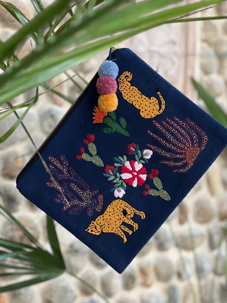 jungle embroidered clutch bag navy blue