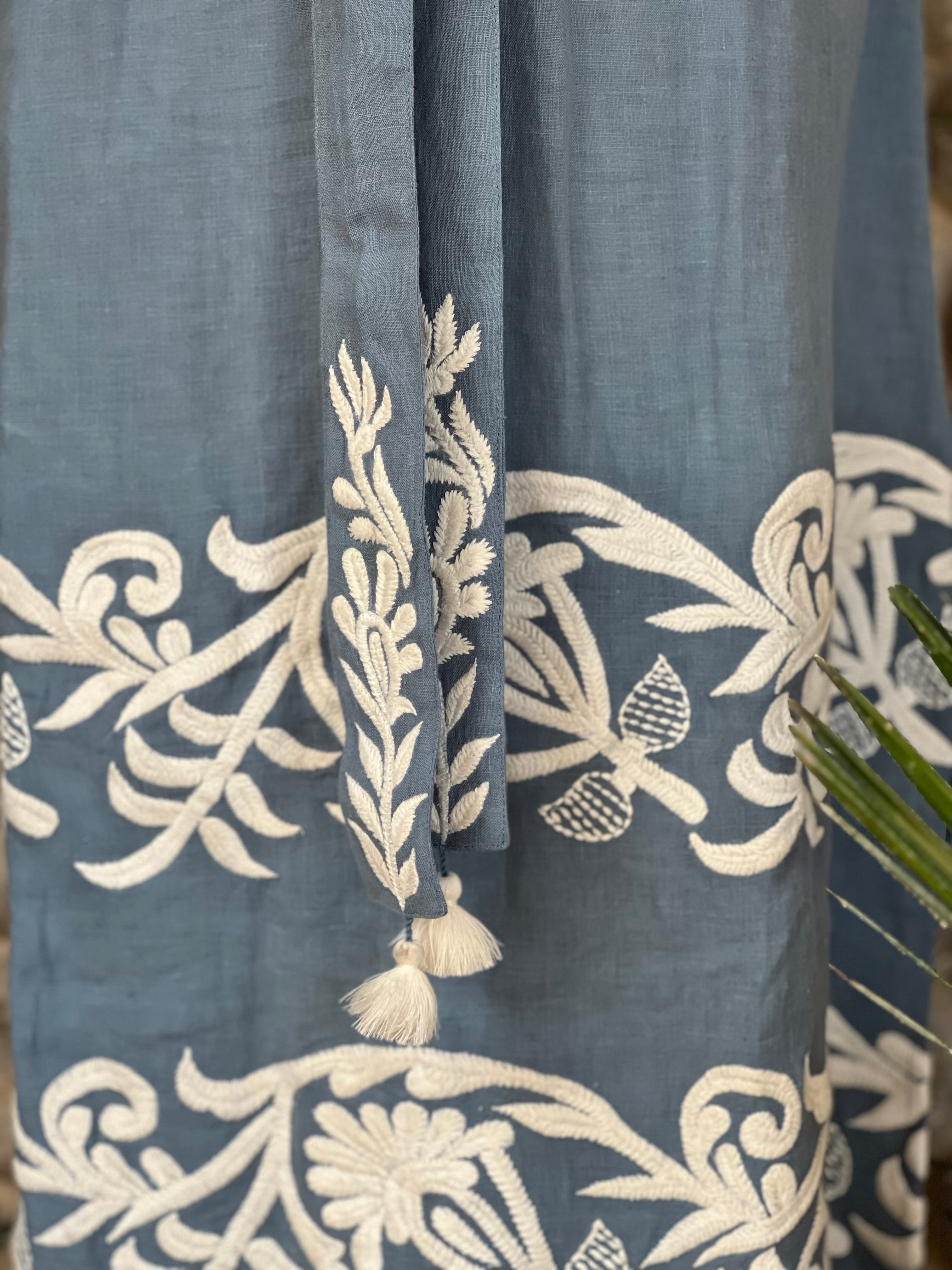 grey blue linen kaftan with white embroidery