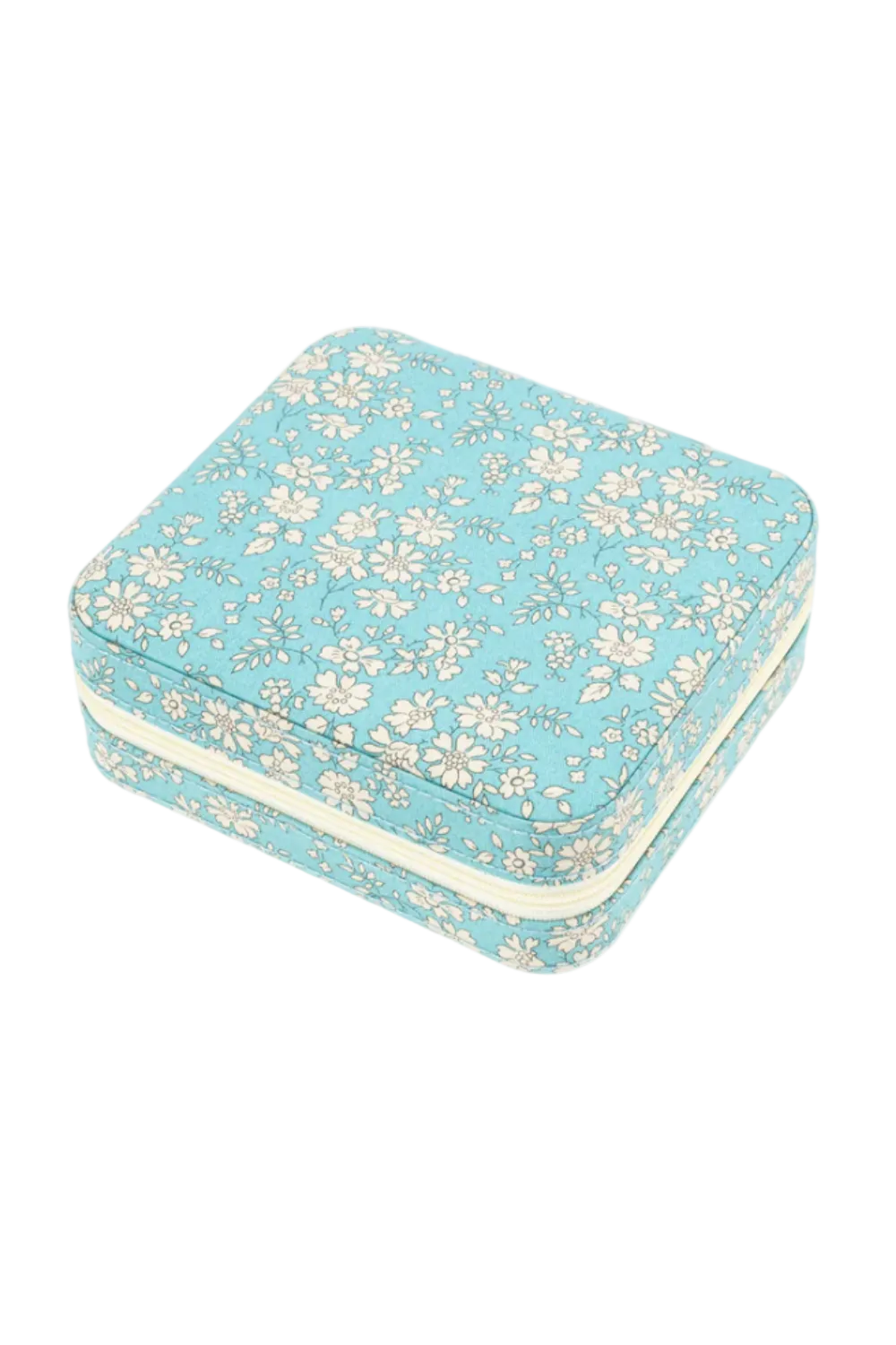 A double layered jewellery box with a teal blue floral pattern from Liberty London Fabrics.