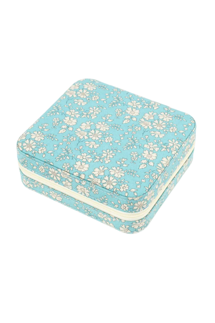 A double layered jewellery box with a teal blue floral pattern from Liberty London Fabrics.