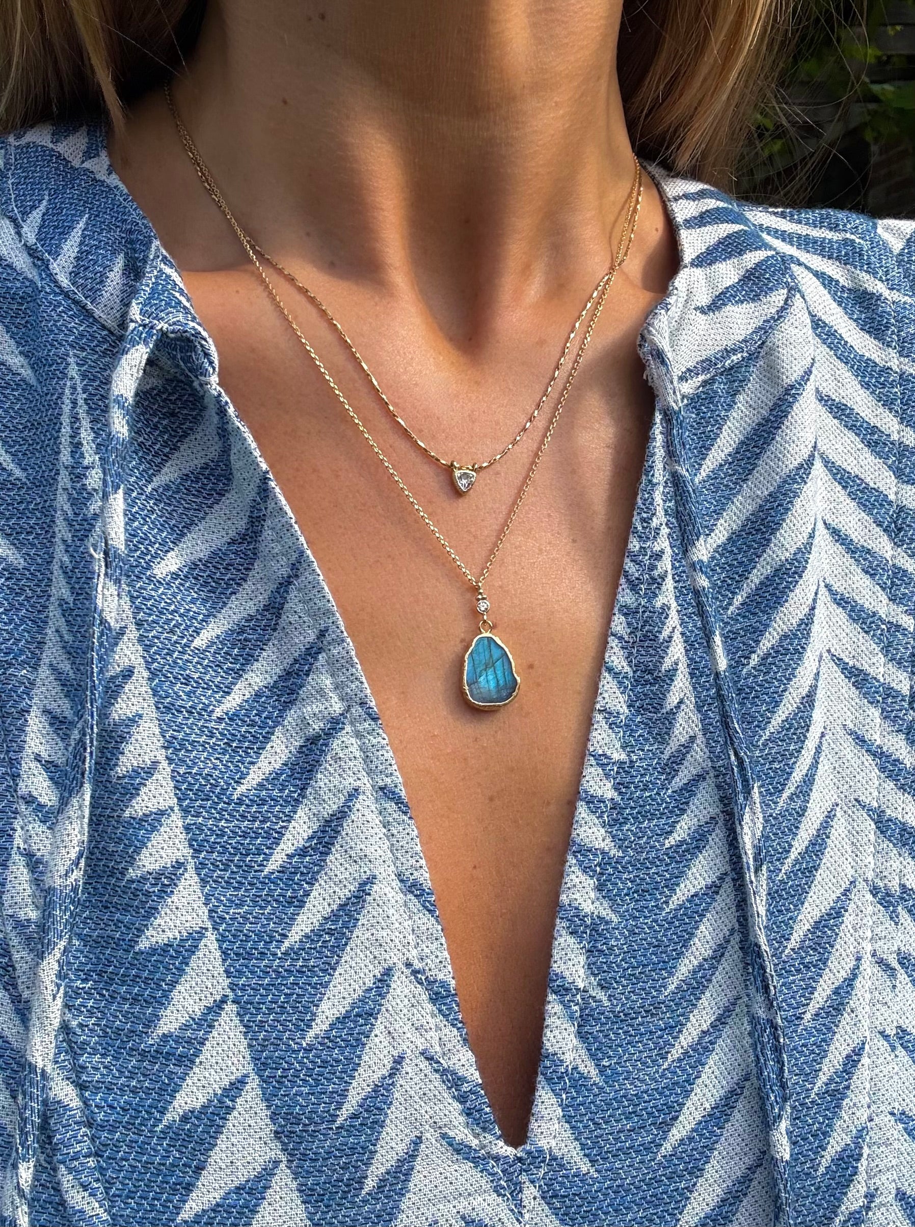 Person wearing a blue patterned garment with a necklace featuring a blue pendant.