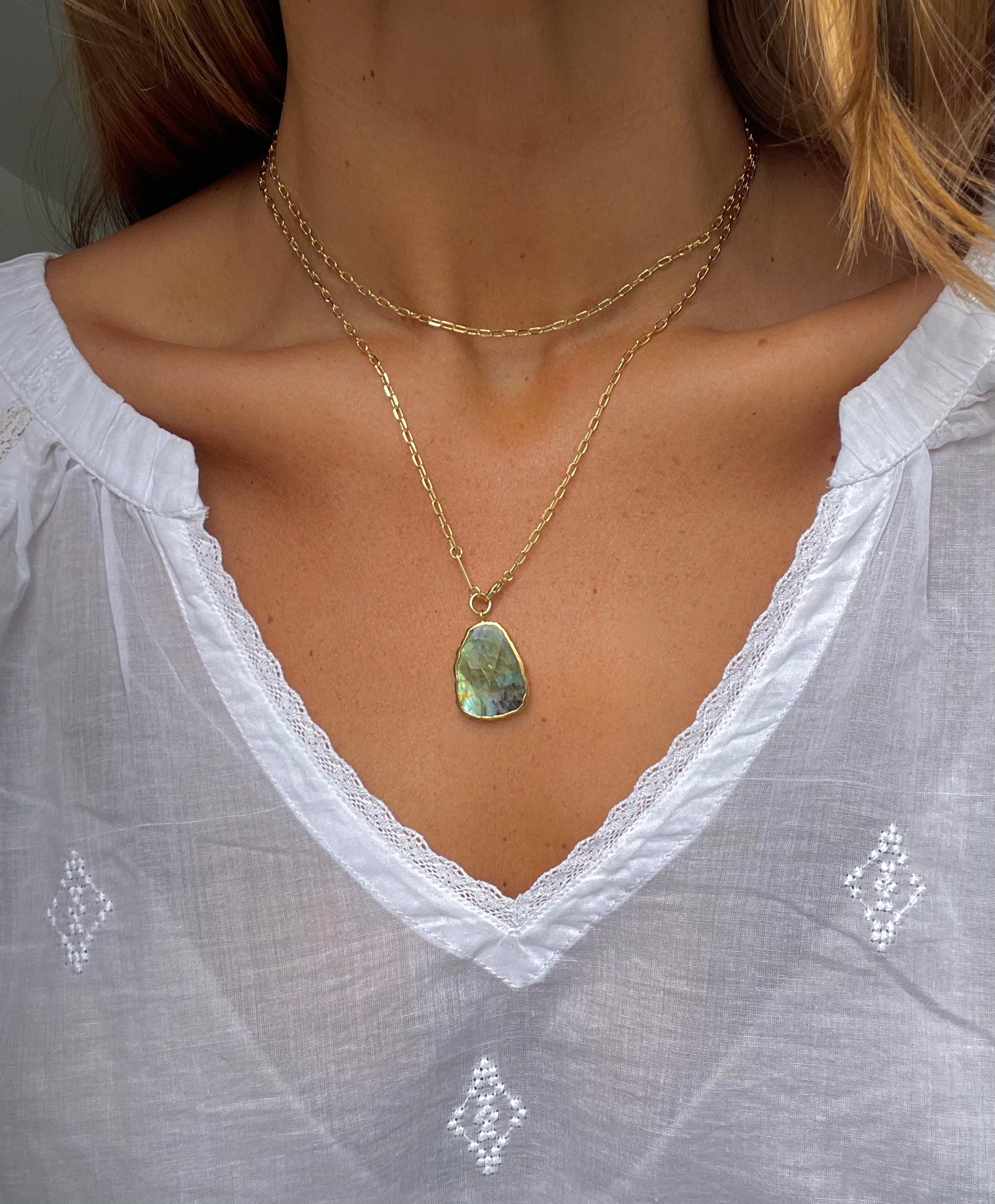long gold plated necklace with labradorite stone