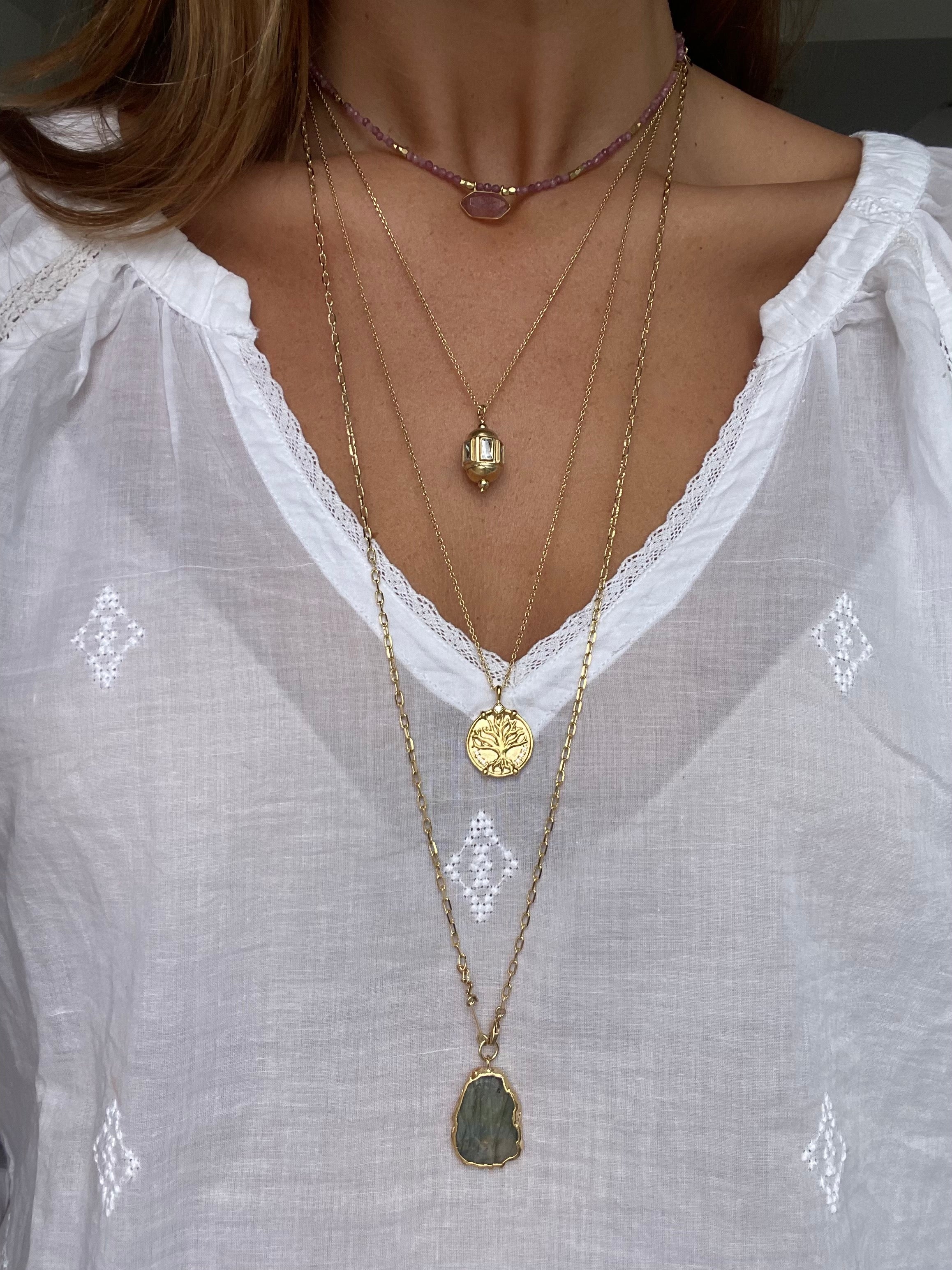 long gold plated necklace with labradorite stone