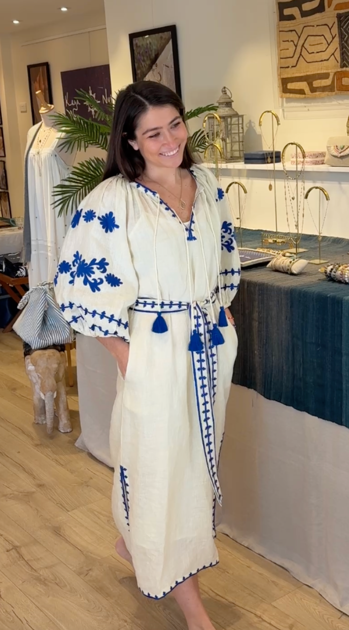 The Los Cabos Dress ↠ Ecru &amp; Royal Blue