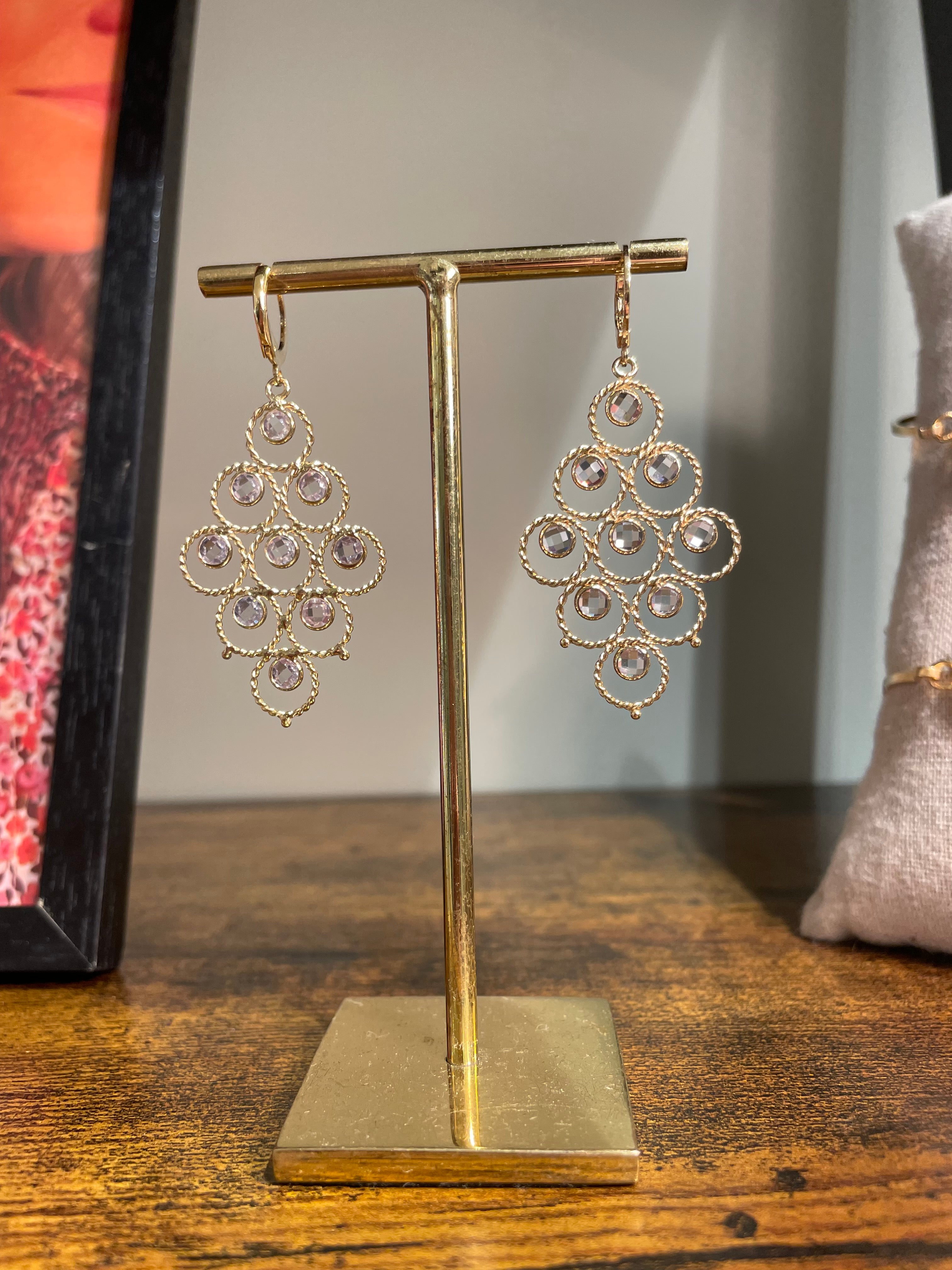 big statement earrings 18k gold plated with cubic zirconia chandeleir earrings by virginie berman