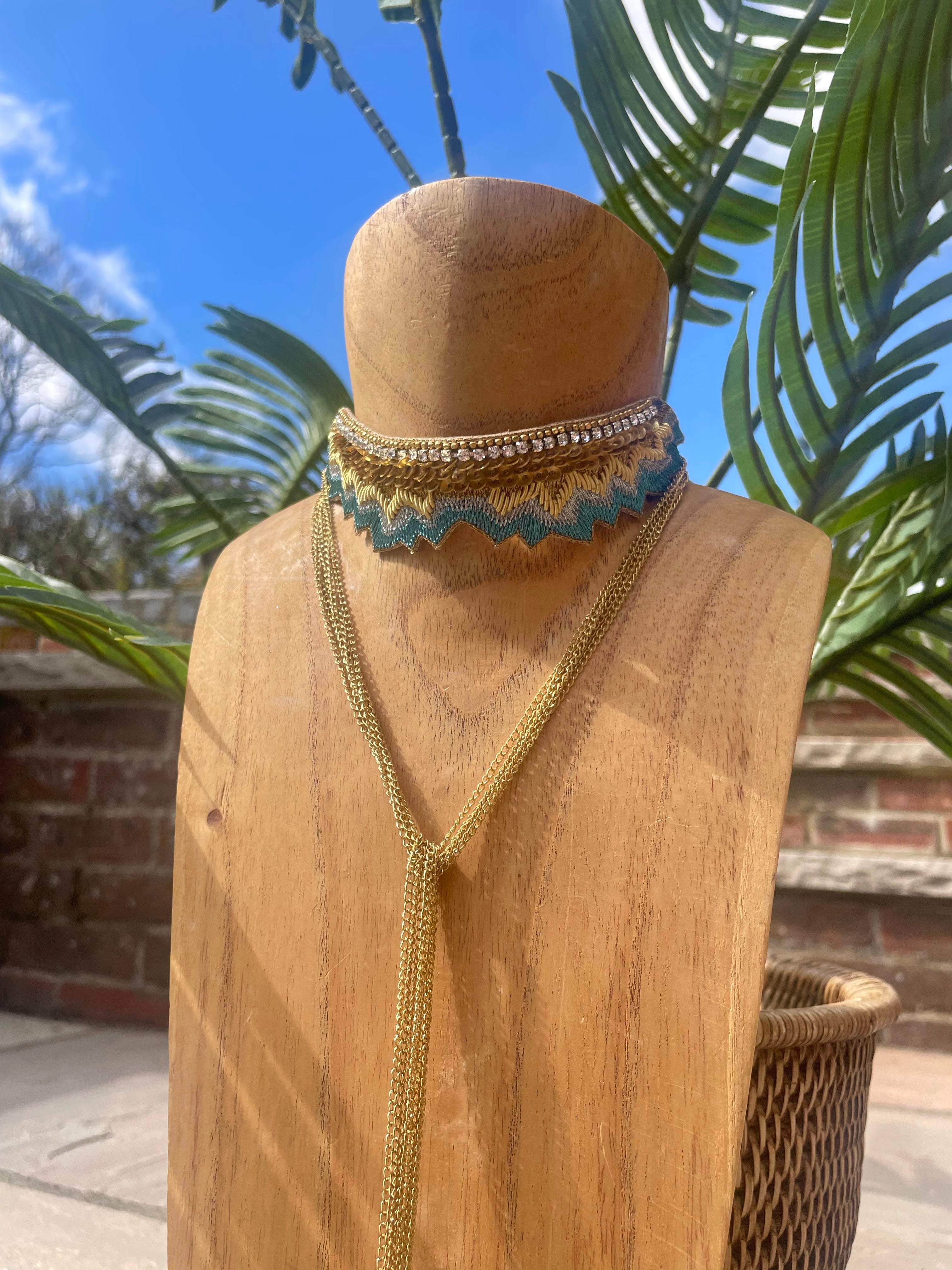 mahi necklace by nahua official in aquamarine hand embroidered wrap around necklace