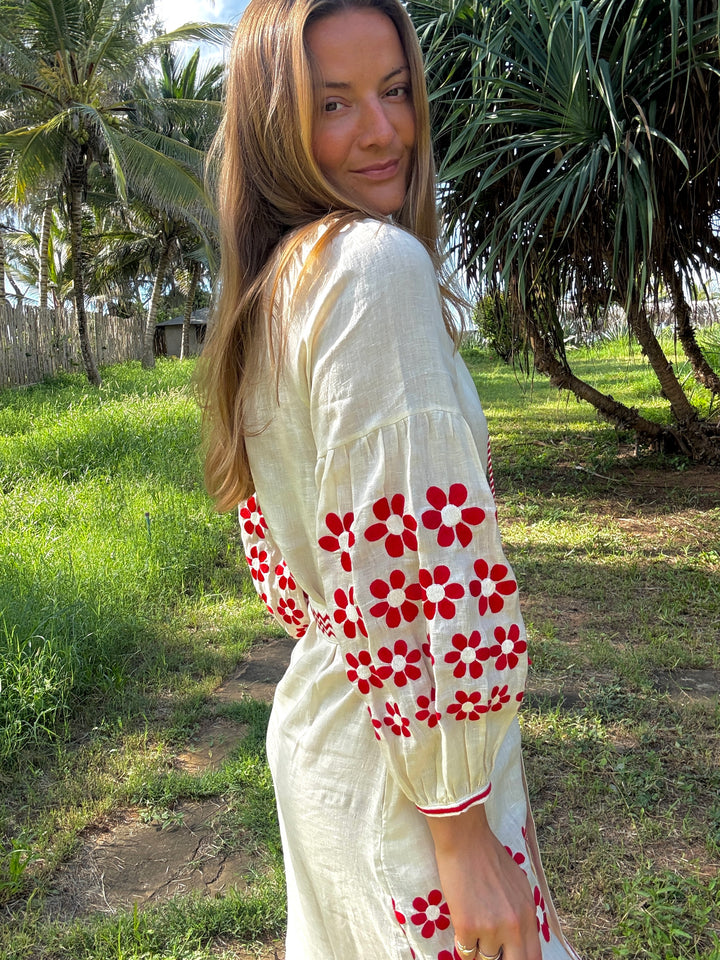 The Mandevilla Dress ↠ Ecru &amp; Red