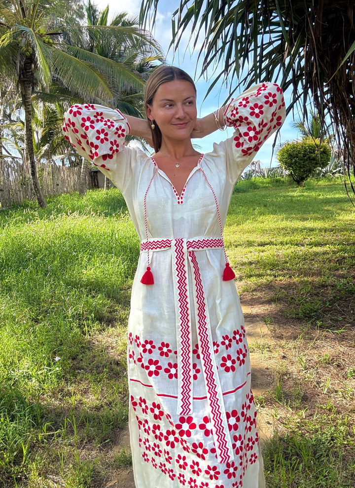 The Mandevilla Dress ↠ Ecru &amp; Red