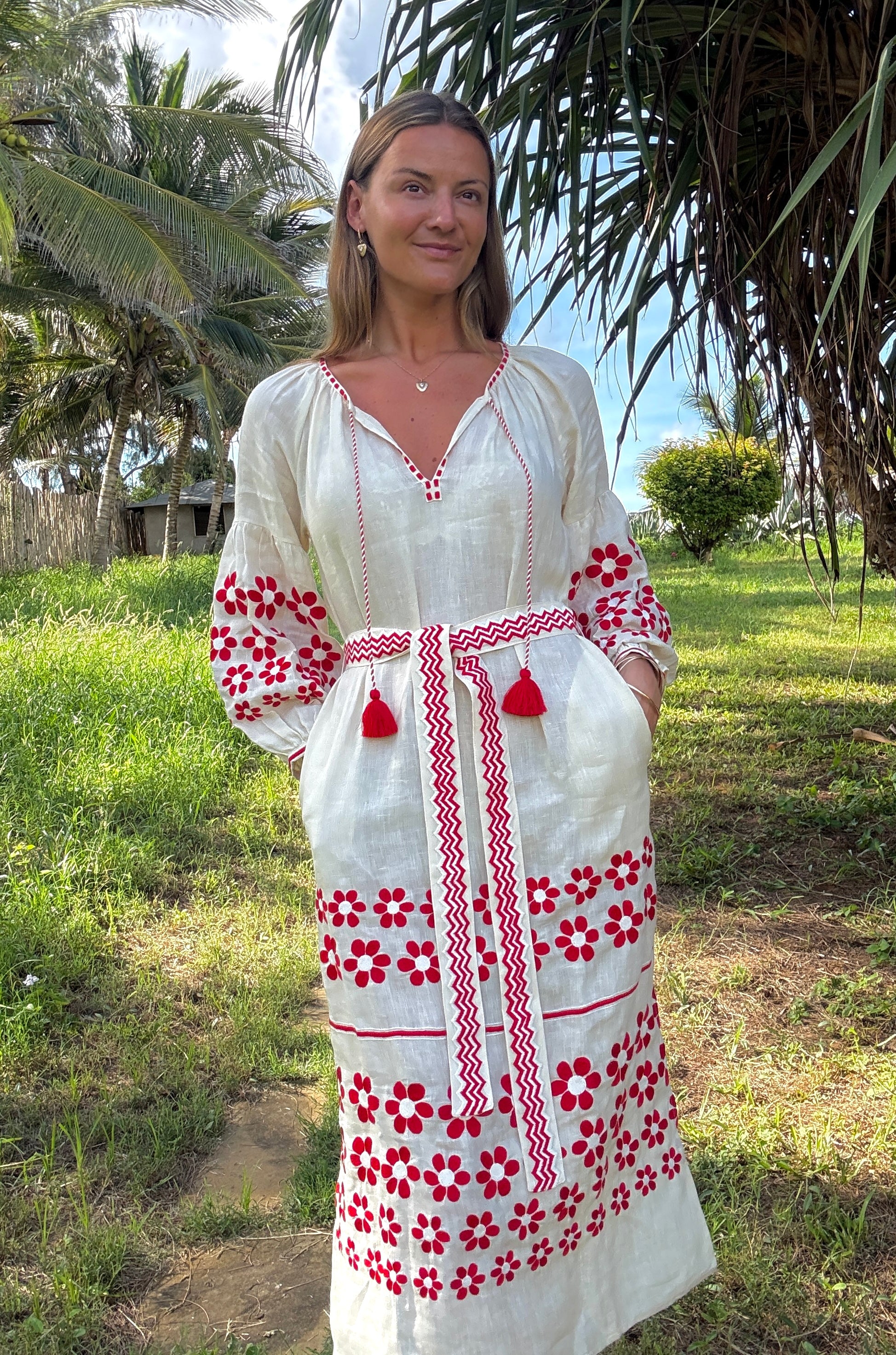 The Mandevilla Dress ↠ Ecru & Red