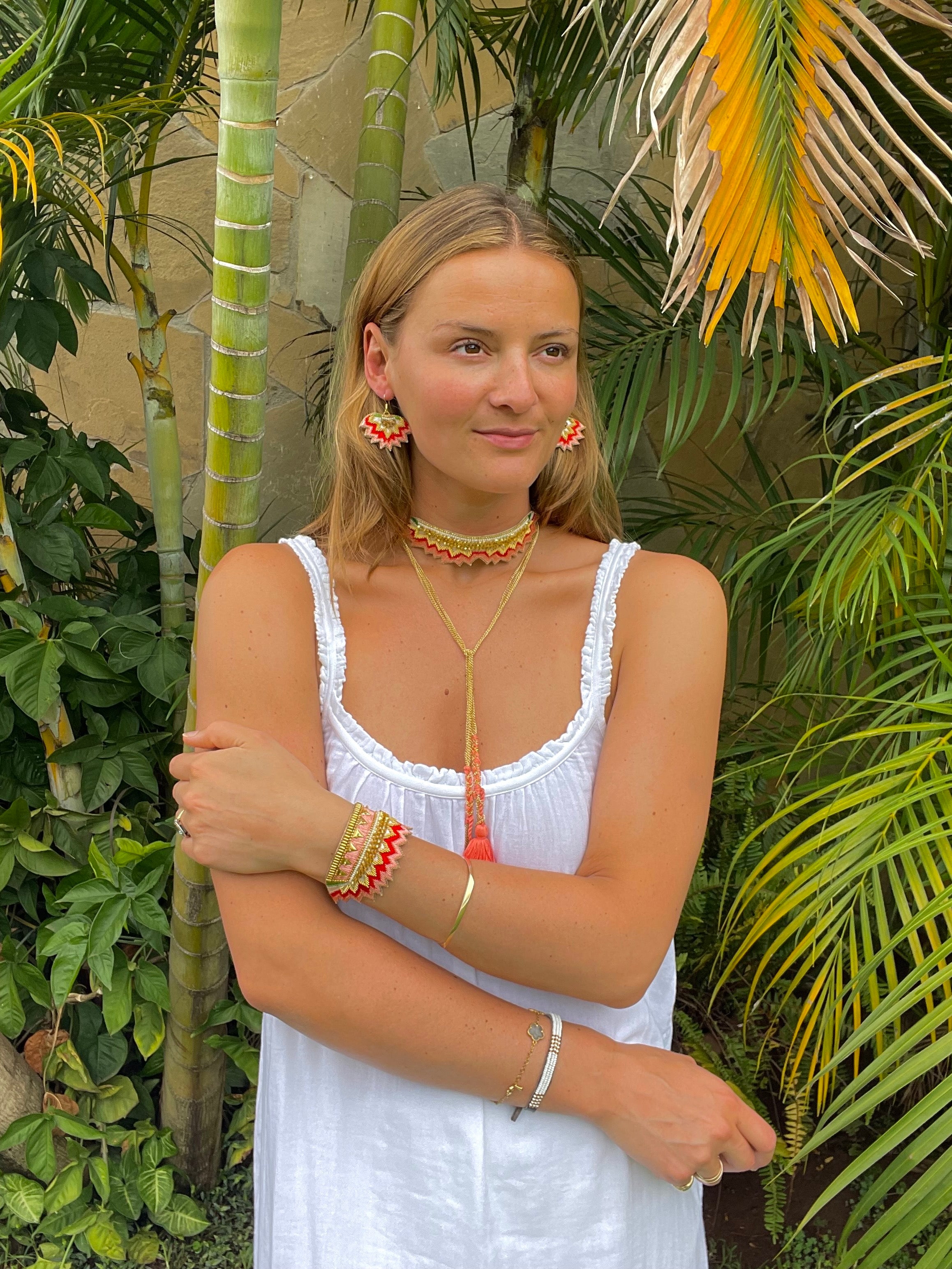 nahua official mahi necklace in peach green hand embroidered cuff wrap around and choker necklace