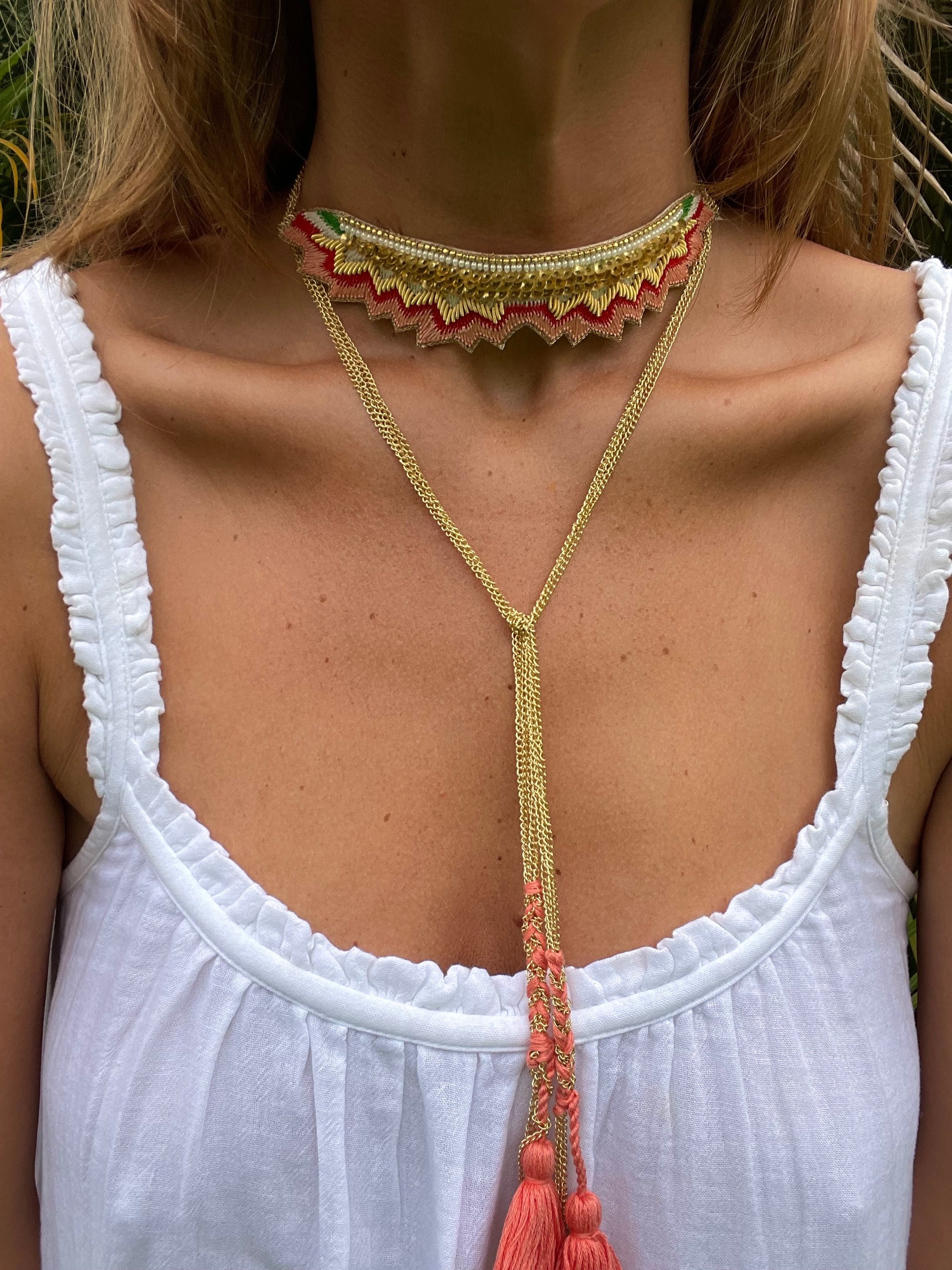 nahua official mahi necklace in peach green hand embroidered cuff wrap around and choker necklace
