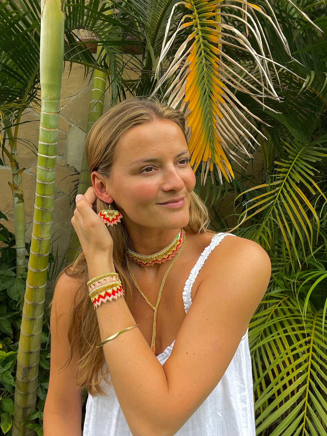 nahua official madi earrings in peach green hand embroidered lightweight earrings
