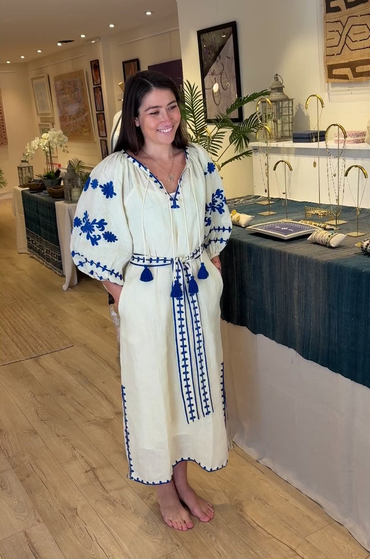 The Los Cabos Dress ↠ Ecru &amp; Royal Blue