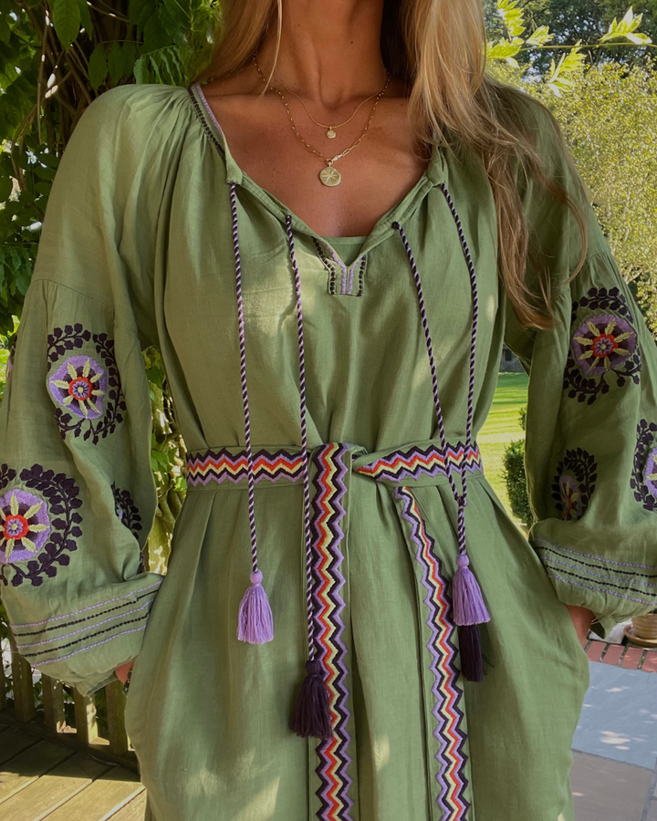 The Primrose Veronica Dress ↠ Olive Green &amp; Purple