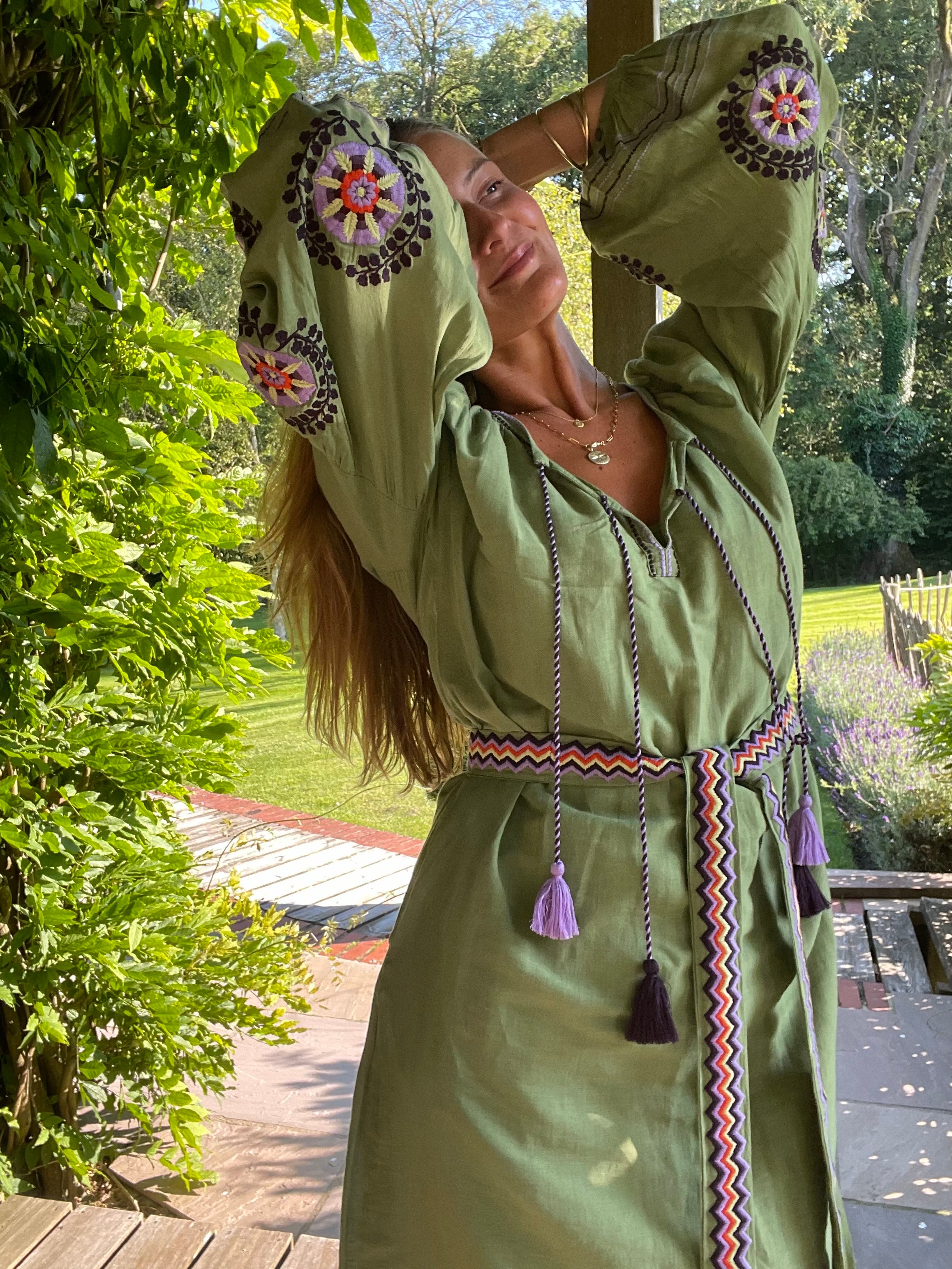 olive green cotton linen kaftan or dress with hand embroidery and belt tie benarus by citrus kaftan