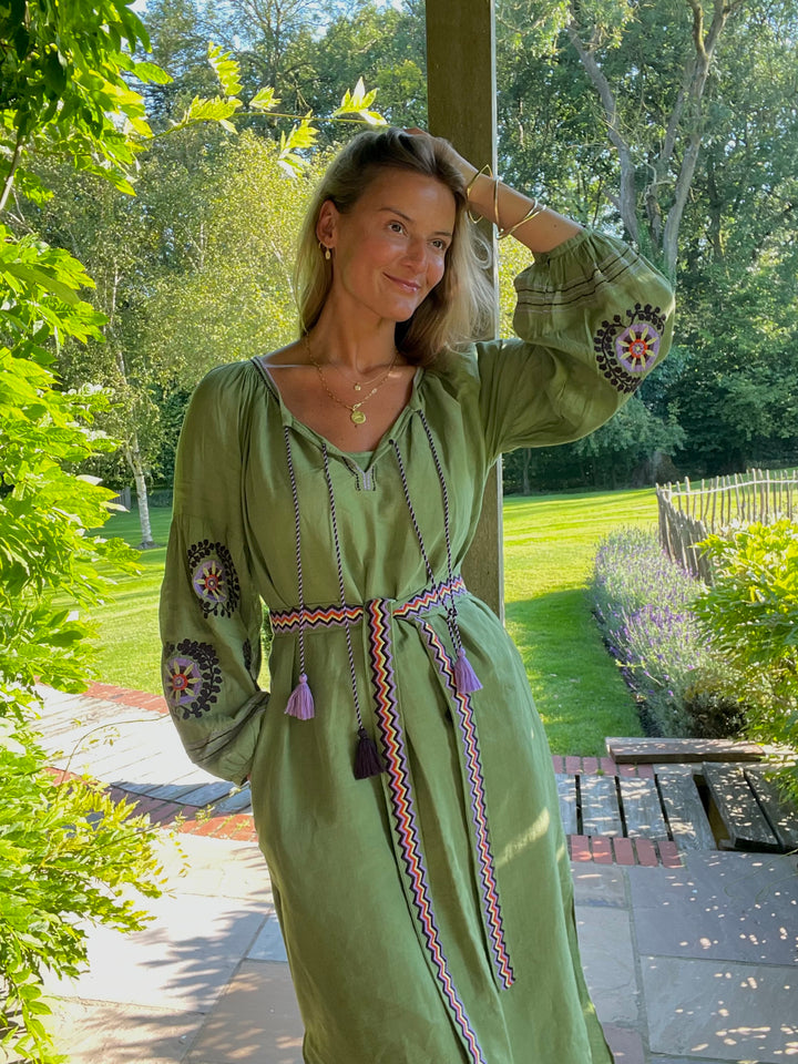 olive green cotton linen kaftan or dress with hand embroidery and belt tie benarus by citrus kaftan