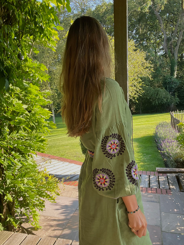 olive green cotton linen kaftan or dress with hand embroidery and belt tie benarus by citrus kaftan
