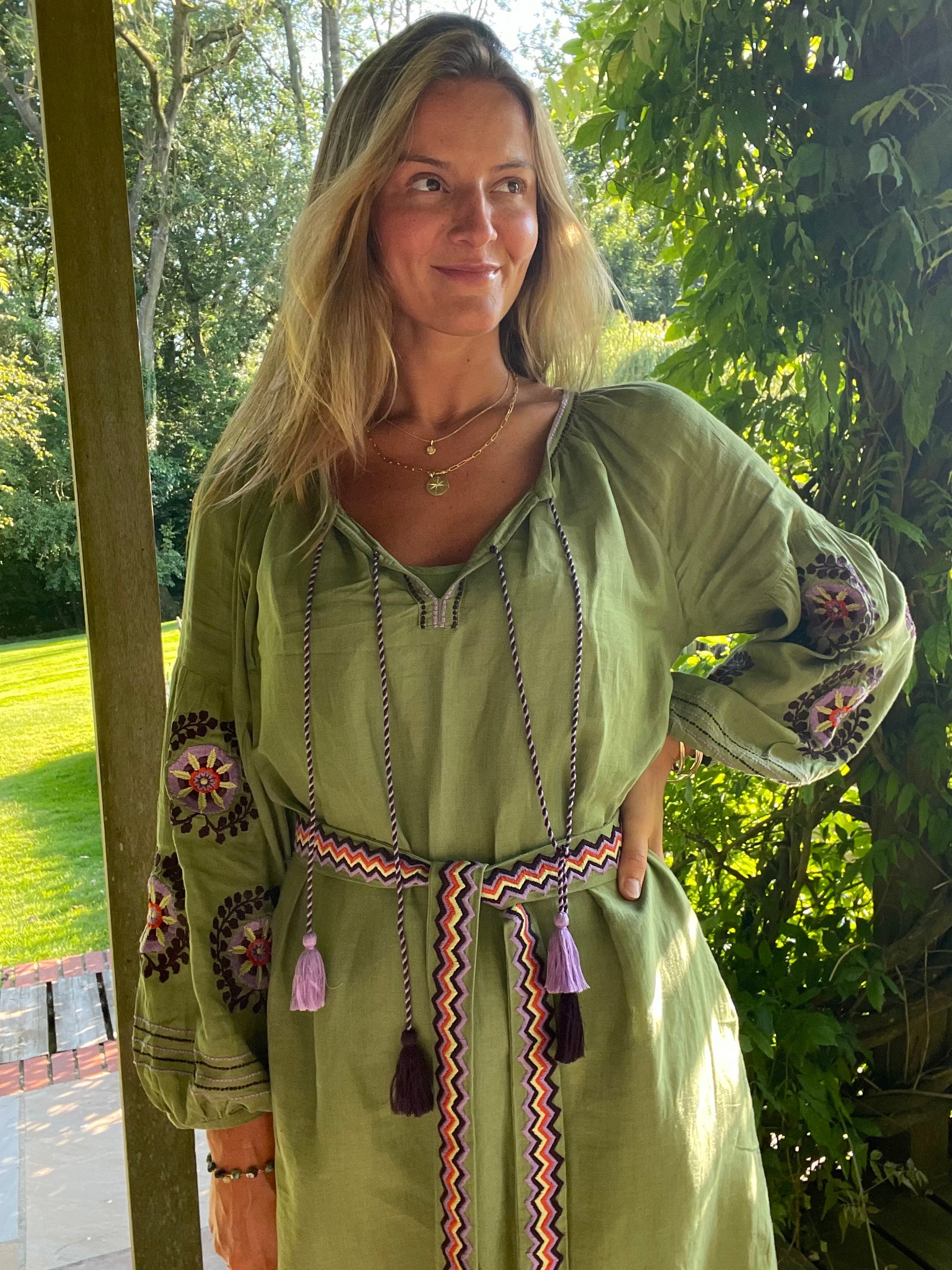 olive green cotton linen kaftan or dress with hand embroidery and belt tie benarus by citrus kaftan